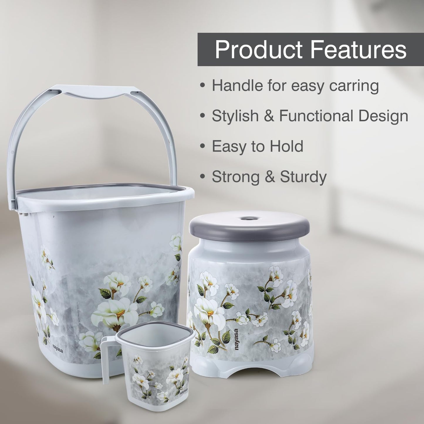 Nayasa Marble 3 Pcs Bathroom Set|Bucket 18 L + Mug 1.5 L + 508 Stool|Grey