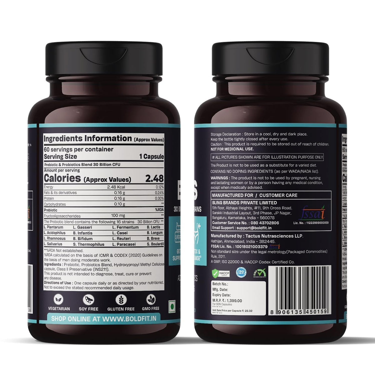 Boldfit Probiotics 30 Billion CFU with 16 Strains and Prebiotics for Gut Cleanse Detox Digestive Health Bloating Relief Constipation Probiotic Supplement for Men and Women Supports Immunity Booster - 60 Veg Capsules