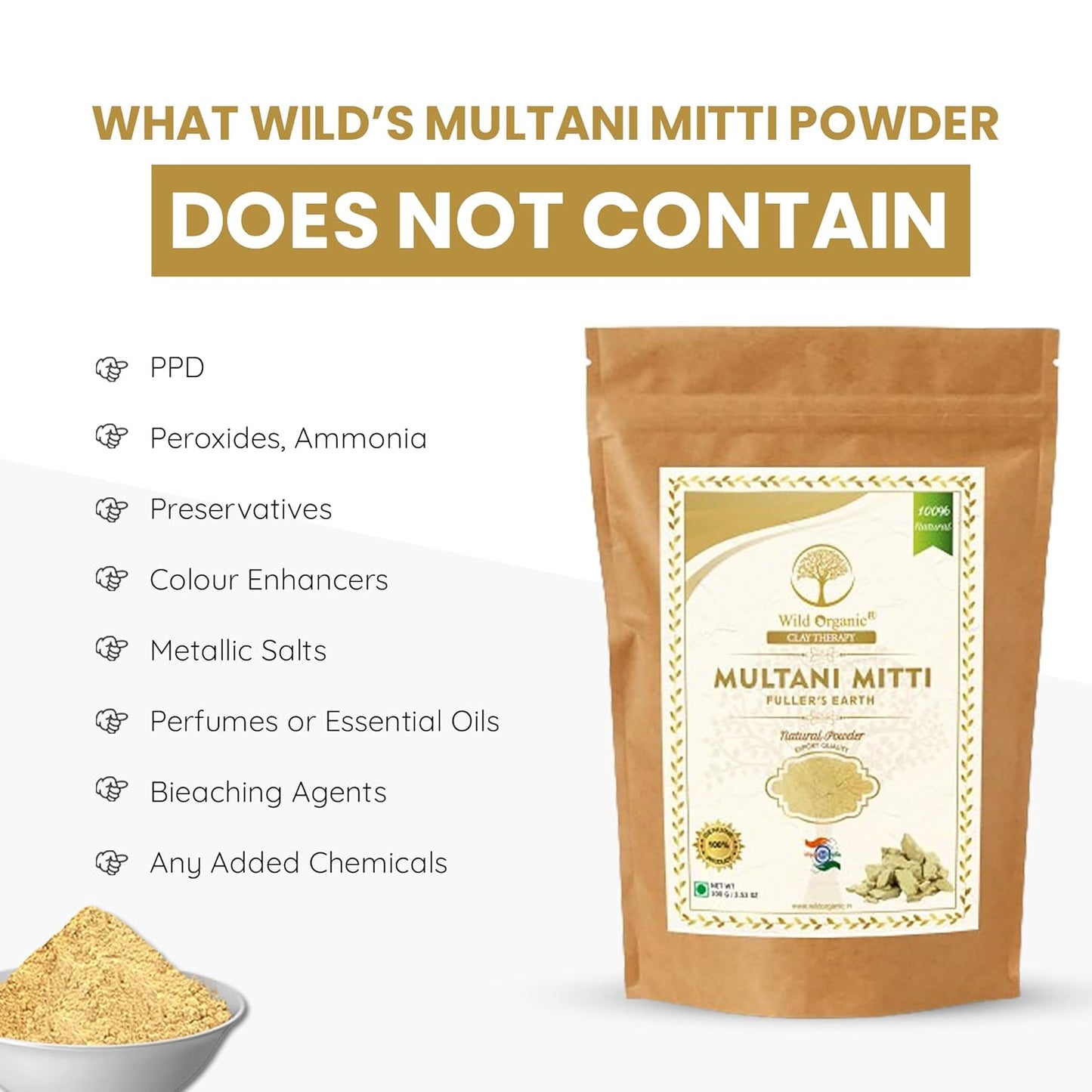 Wild Organic 100% Natural Multani Mitti Fuller Earth Powder - 100 gms
