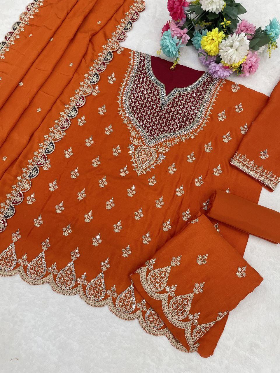 Anaita Orange Chinon Suit With Embroidered Sequins & Mirror Work