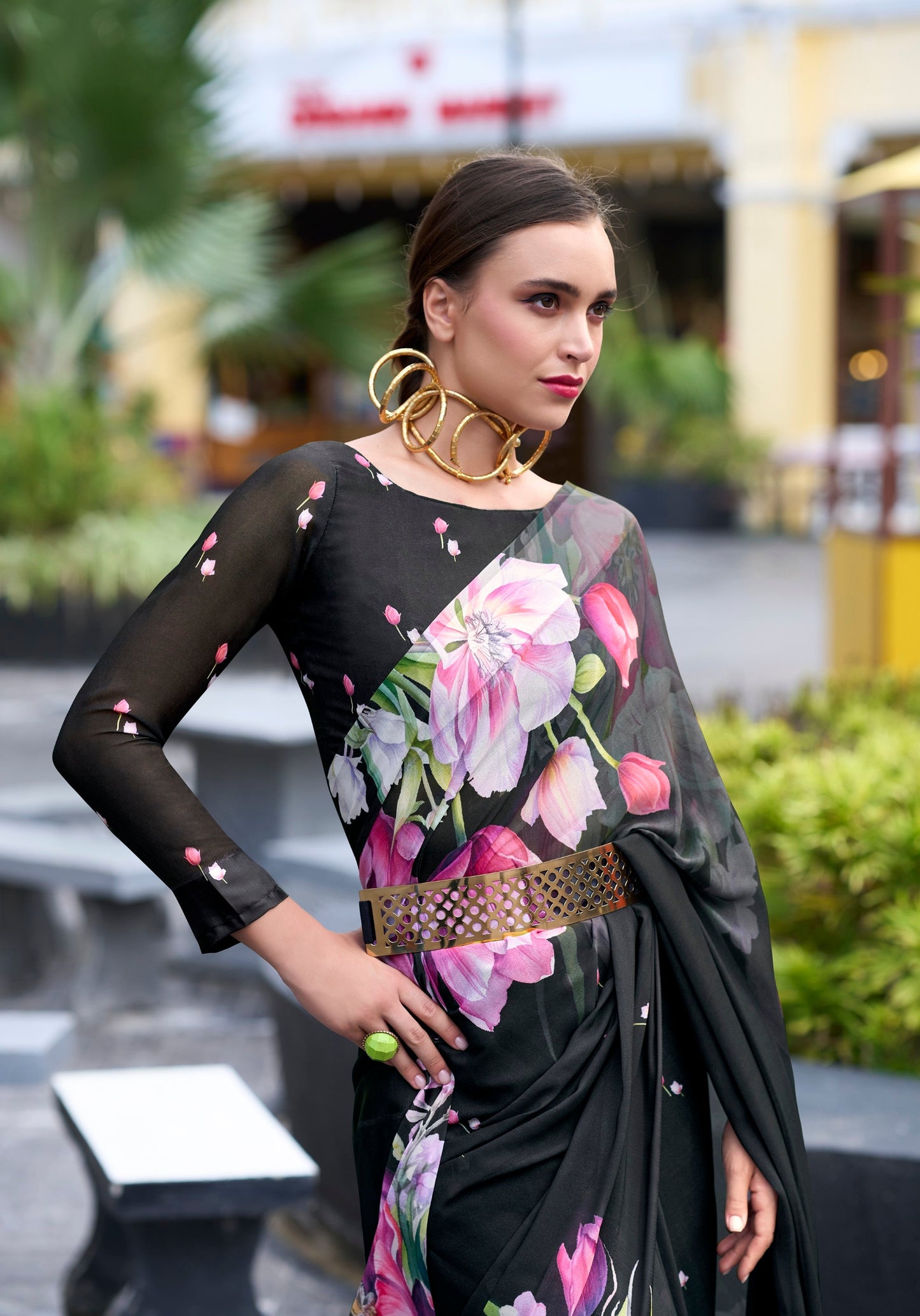 Anaita Black Designer Printed Pure Georgette Saree With Blouse