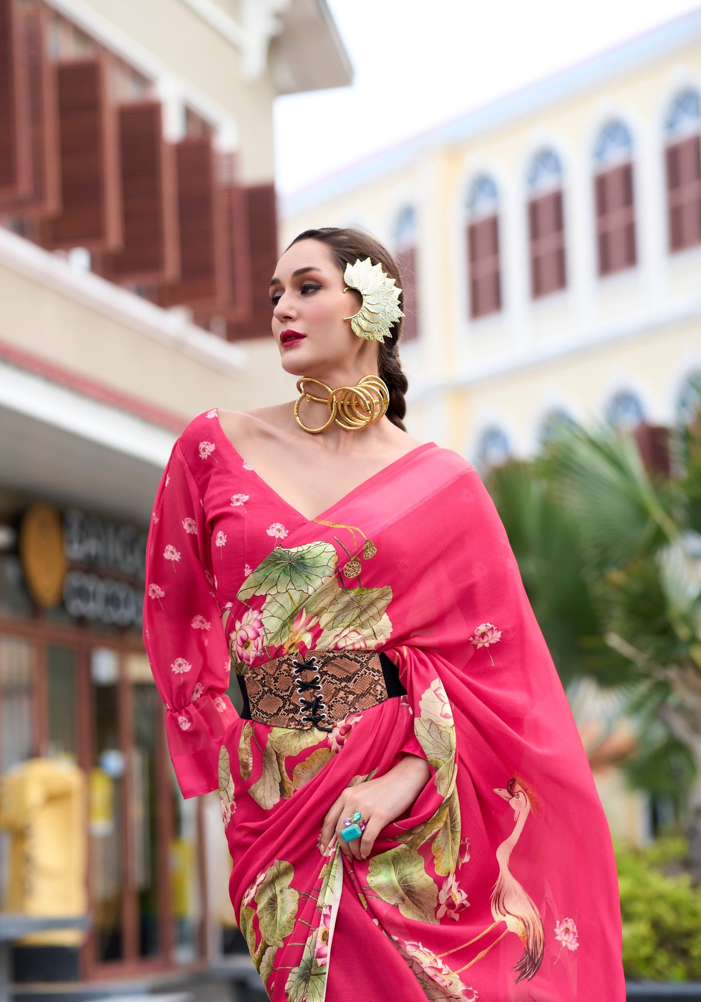 Anaita Pink Designer Printed Pure Georgette Saree With Blouse