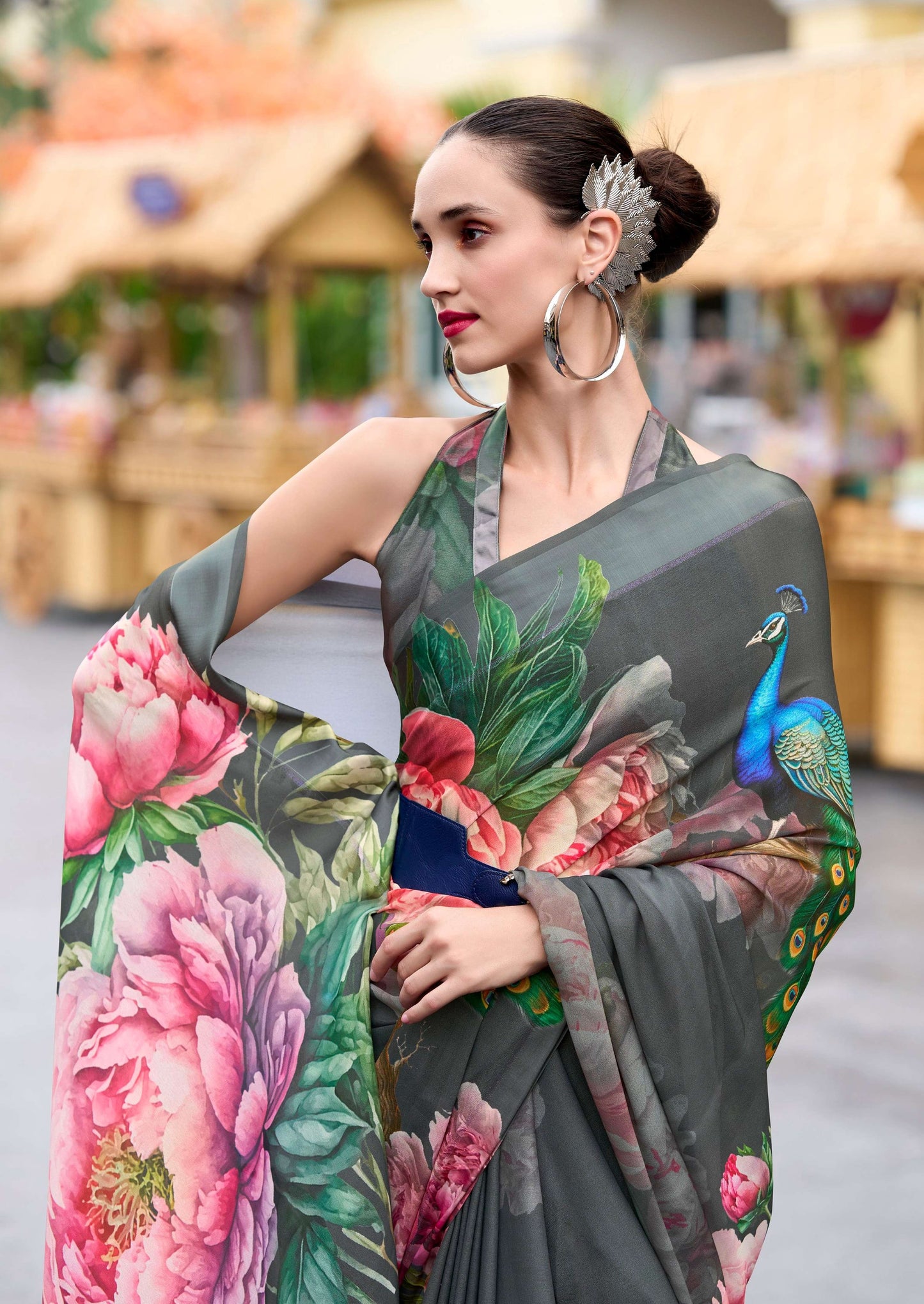 Anaita Grey Designer Printed Pure Georgette Saree With Blouse