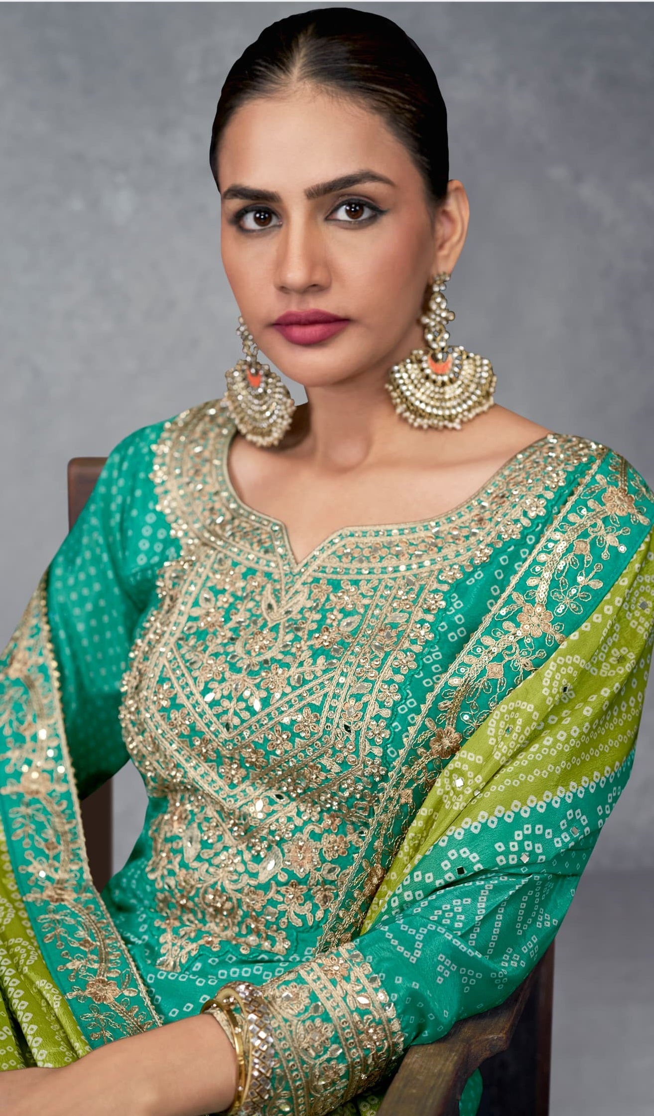 Anaita Turquoise Digital Printed Chinon Embroidered Sequence Work Ready Made Suit