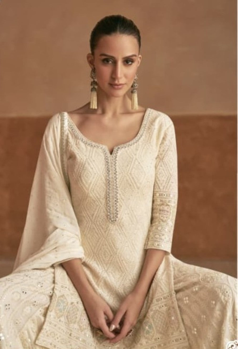 Anaita Cream Georgette Stitched Suit With Embroidery & Sequence Work