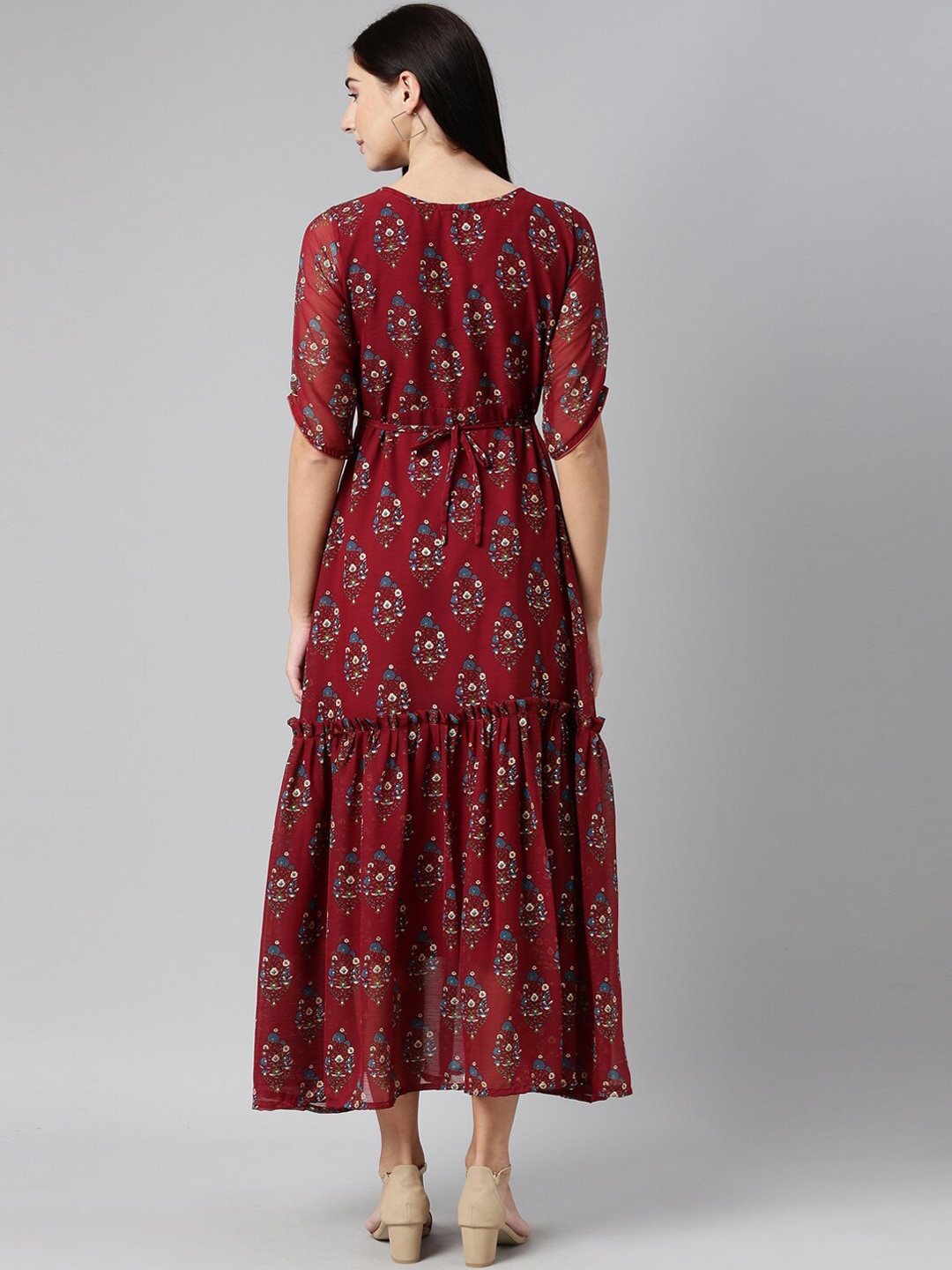 Souchii Maroon & Blue Ethnic Motifs Chiffon Maxi Dress
