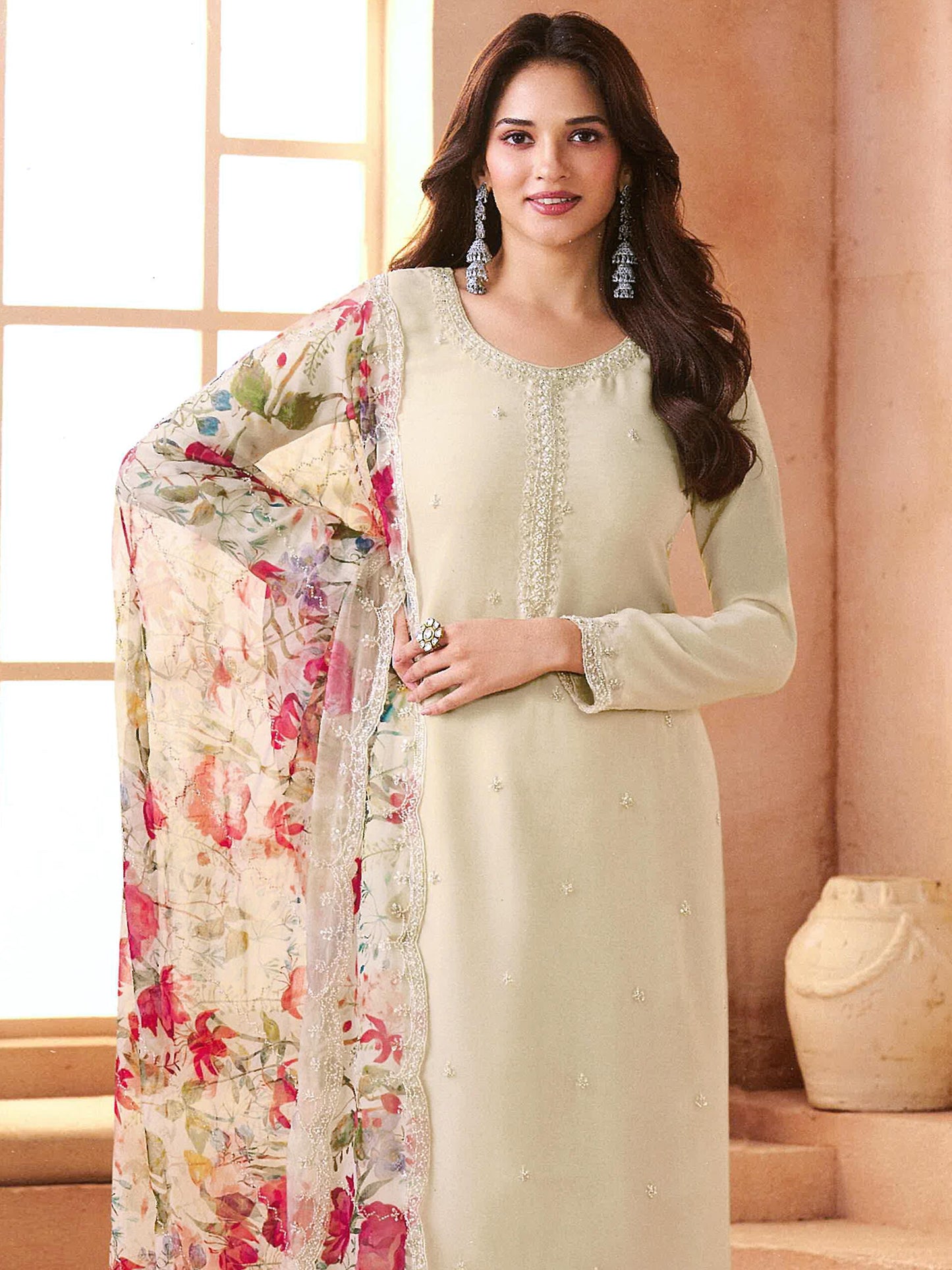 Anaita Beige Chiffon Suit with Digital Printed & Beats Work