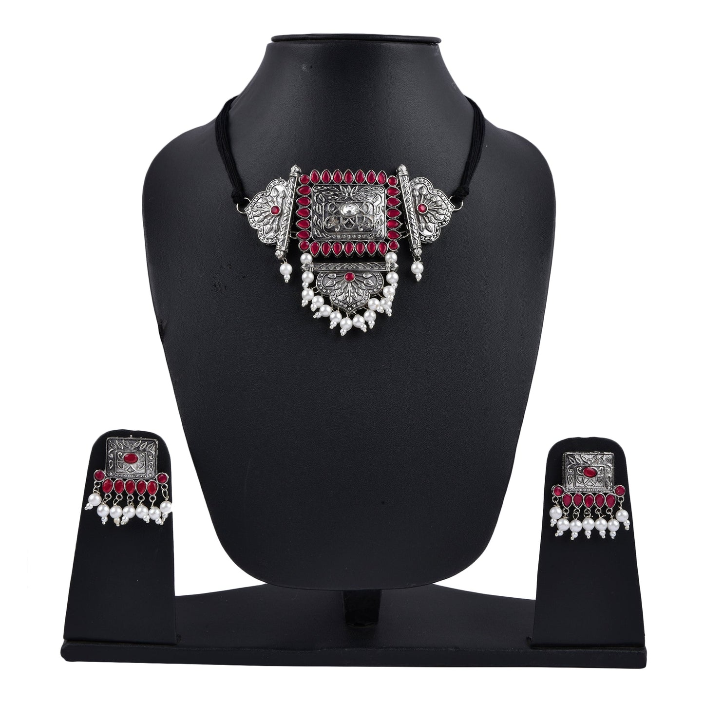 Silver-Plated Alloy Oxidised Tribal Pendant Choker Necklace - The Pari