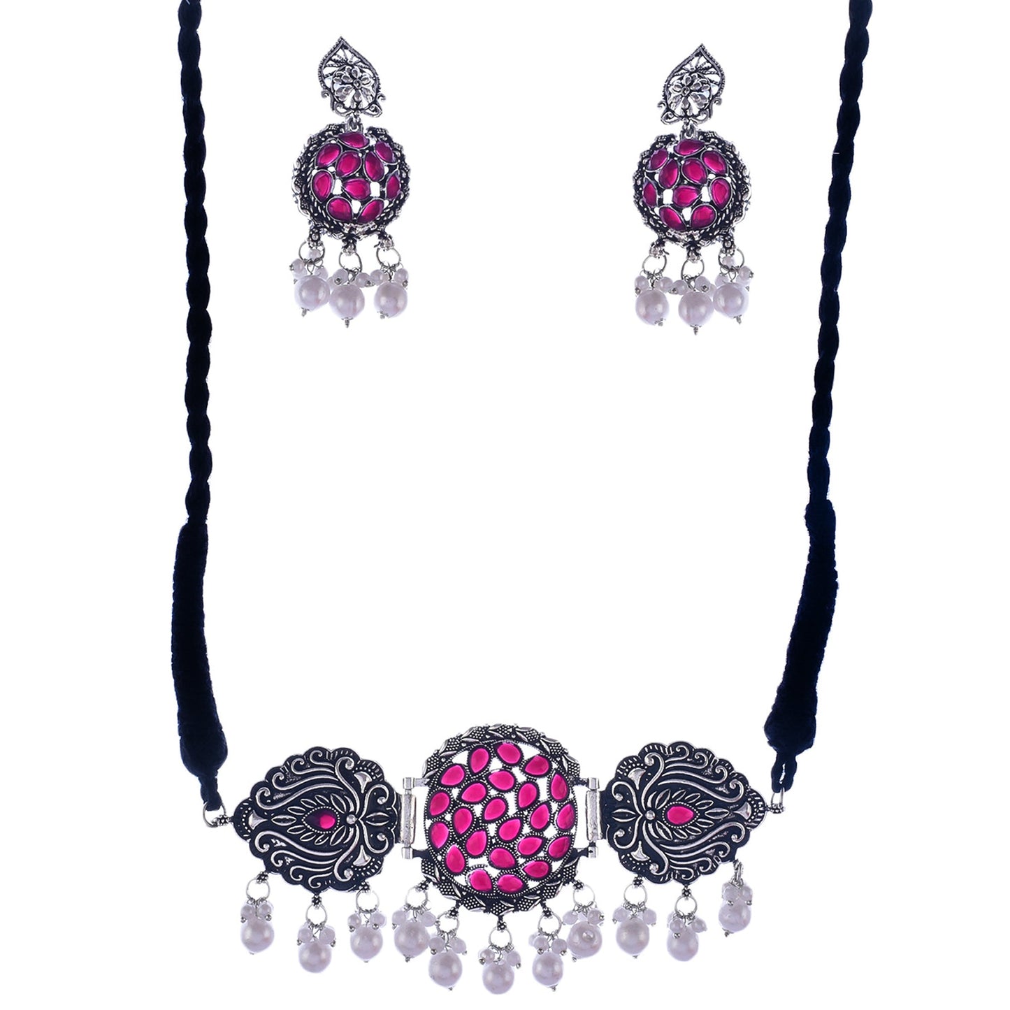Silver-Plated Alloy Designer Oxidised Choker Necklace - The Pari