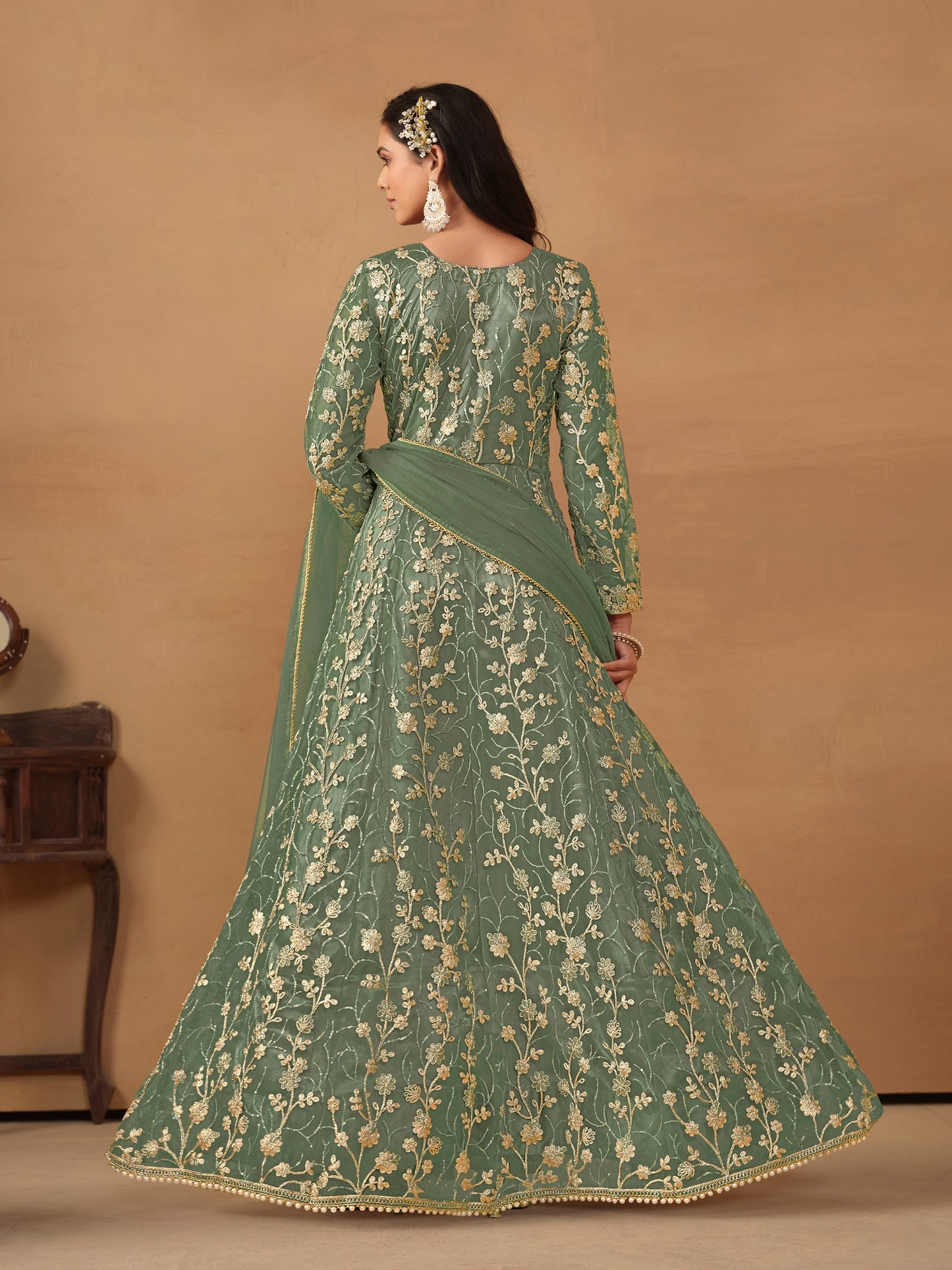 Anaita Light Green Embroidered Butterfly Net Anarkali Suit