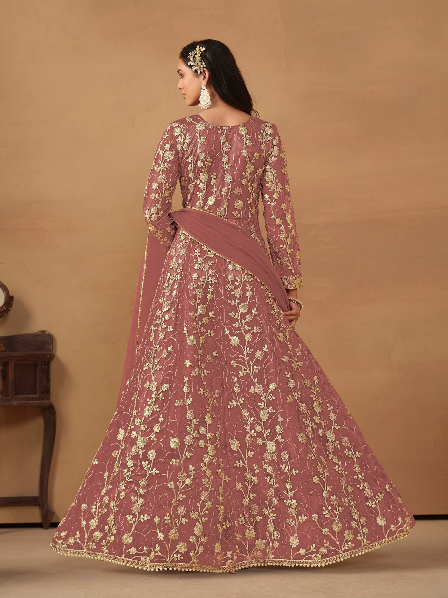 Anaita Peach Embroidered Butterfly Net Anarkali Suit