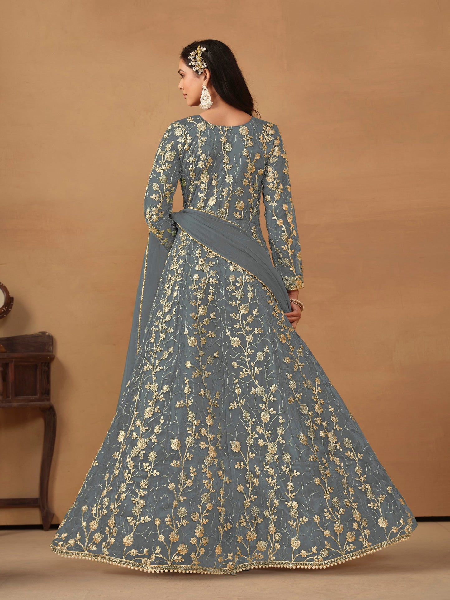 Anaita Grey Embroidered Butterfly Net Anarkali Suit