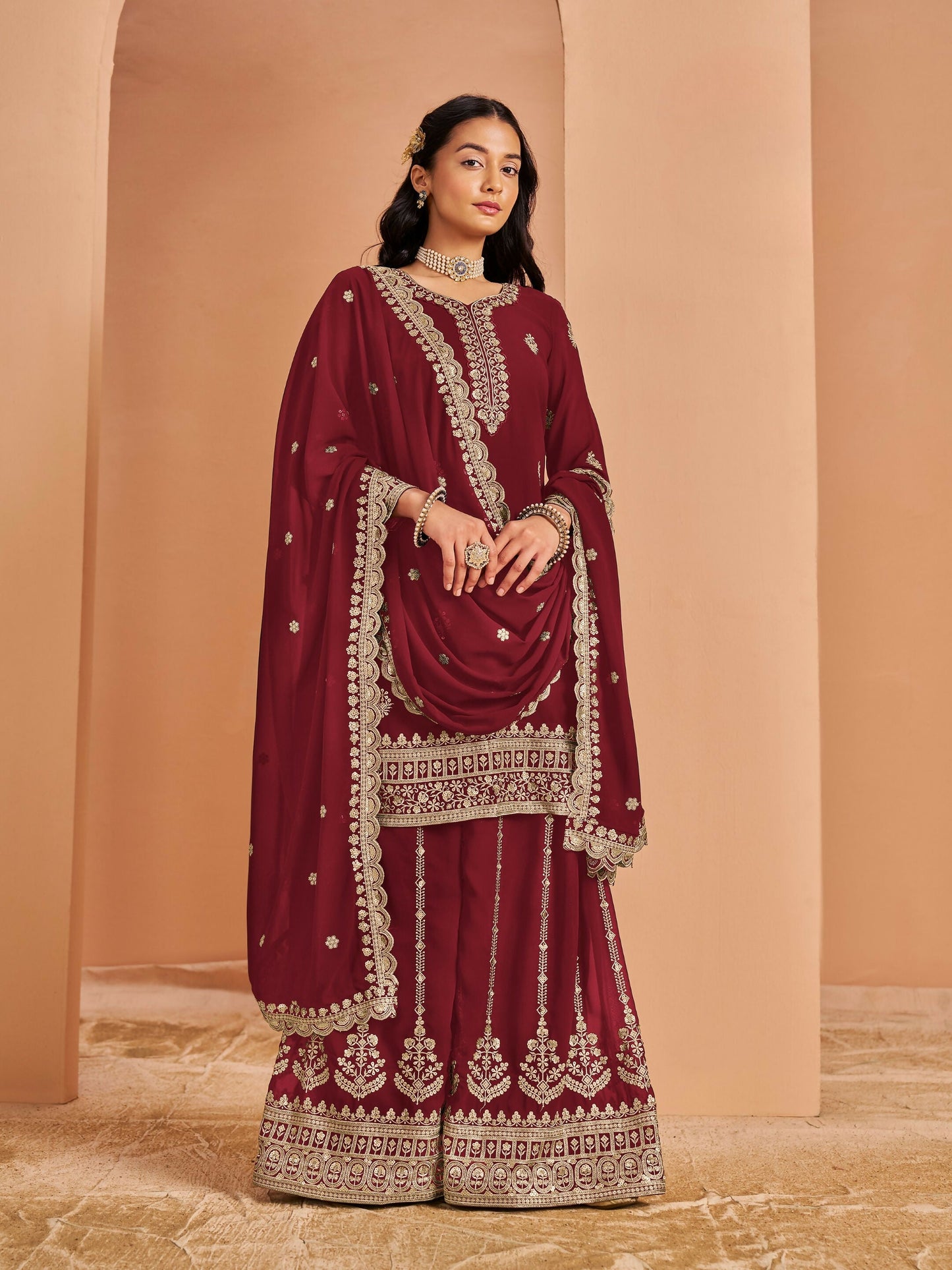 Anaita Maroon Premium Georgette Embroidered Stitched Salwar Suit