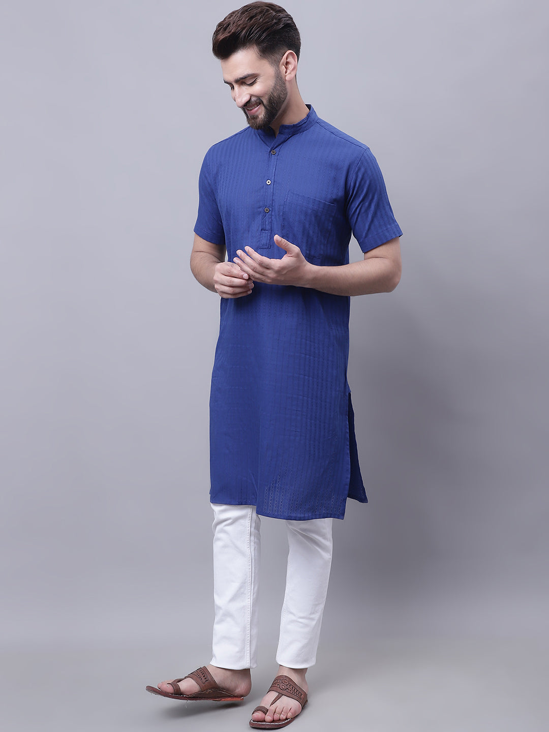 Even Apparels Blue Pure Cotton Short Sleeves Kurta With Band Collar