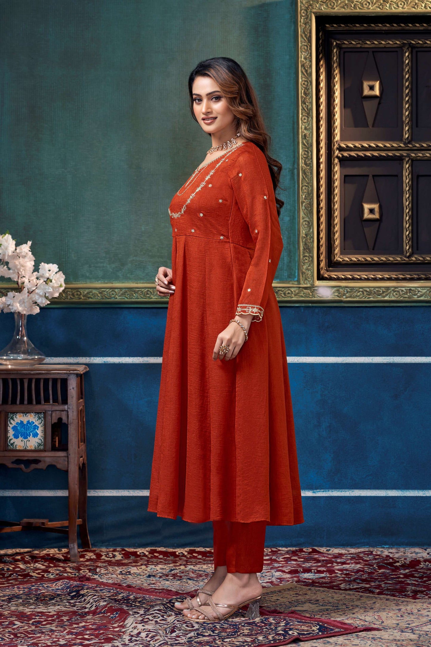 Anaita Rust Anarkali Readymade Suit with Embroidery Work