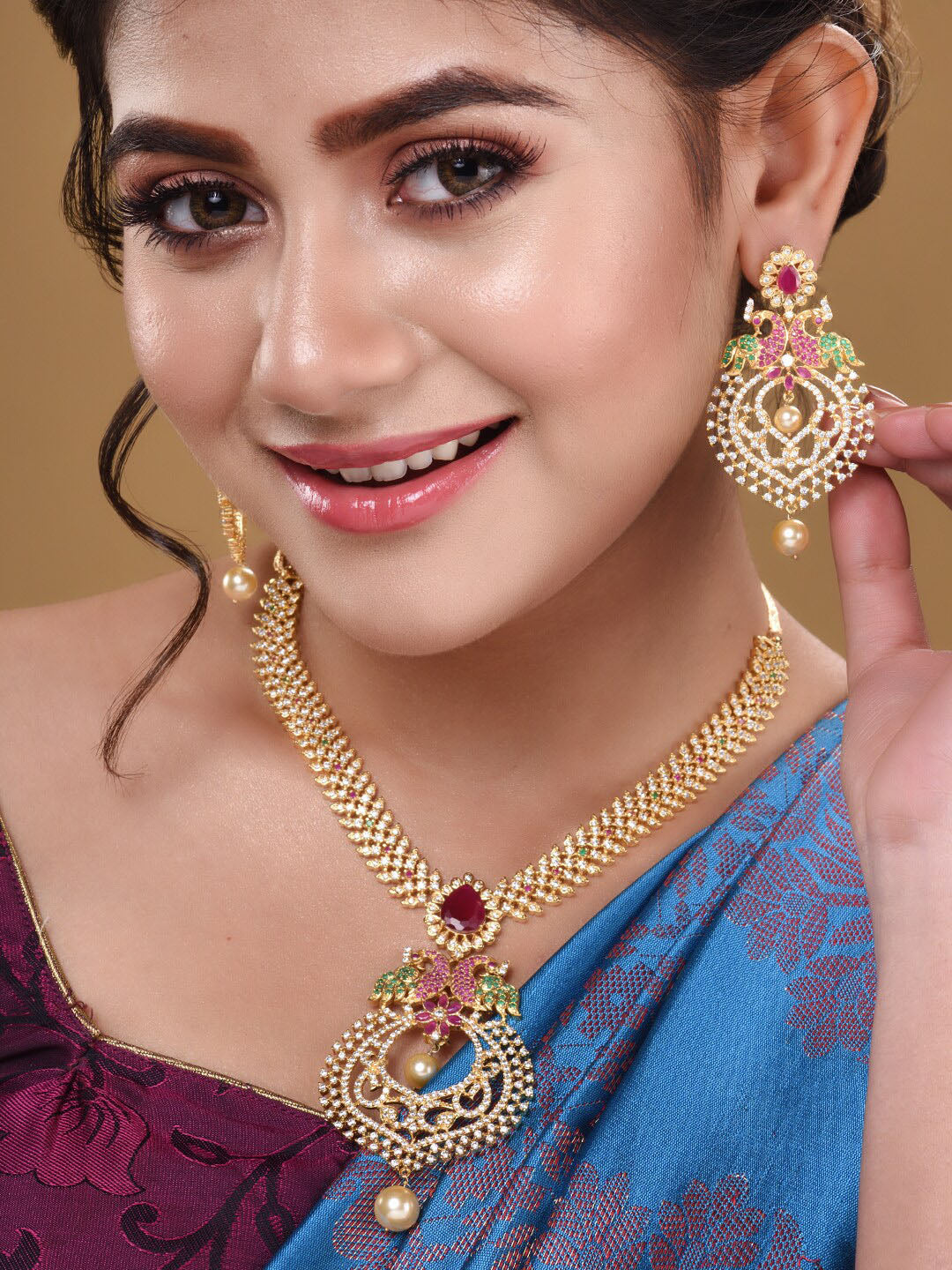 Saraf RS Jewellery Gold-Polished Green & Pink American Diamond Studded & Beaded Handcrafted Jewellery Set