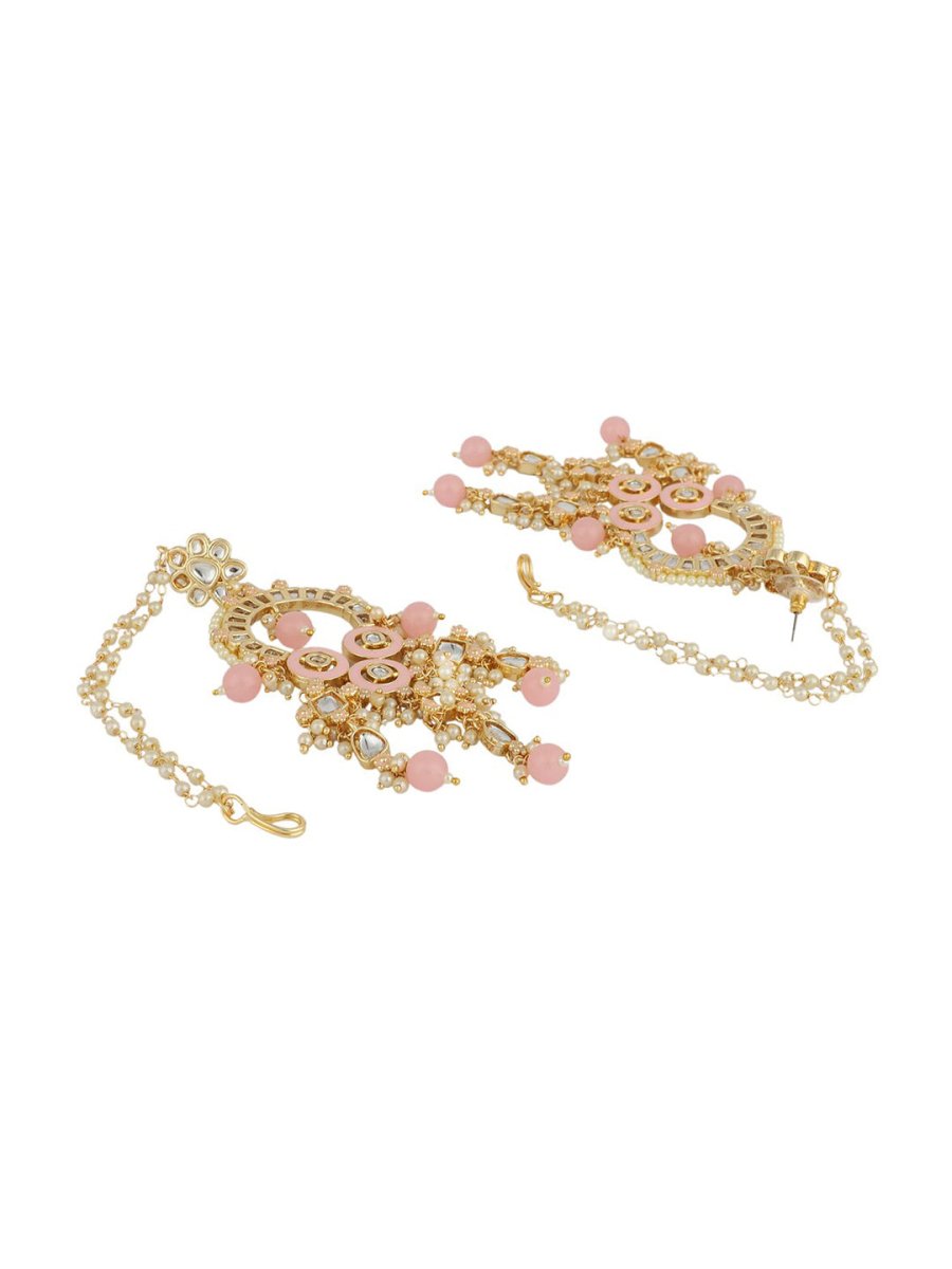 Anikas Creation Pink & Gold-Polished Kundan Contemporary Chandbalis With Ear Chain Earrings