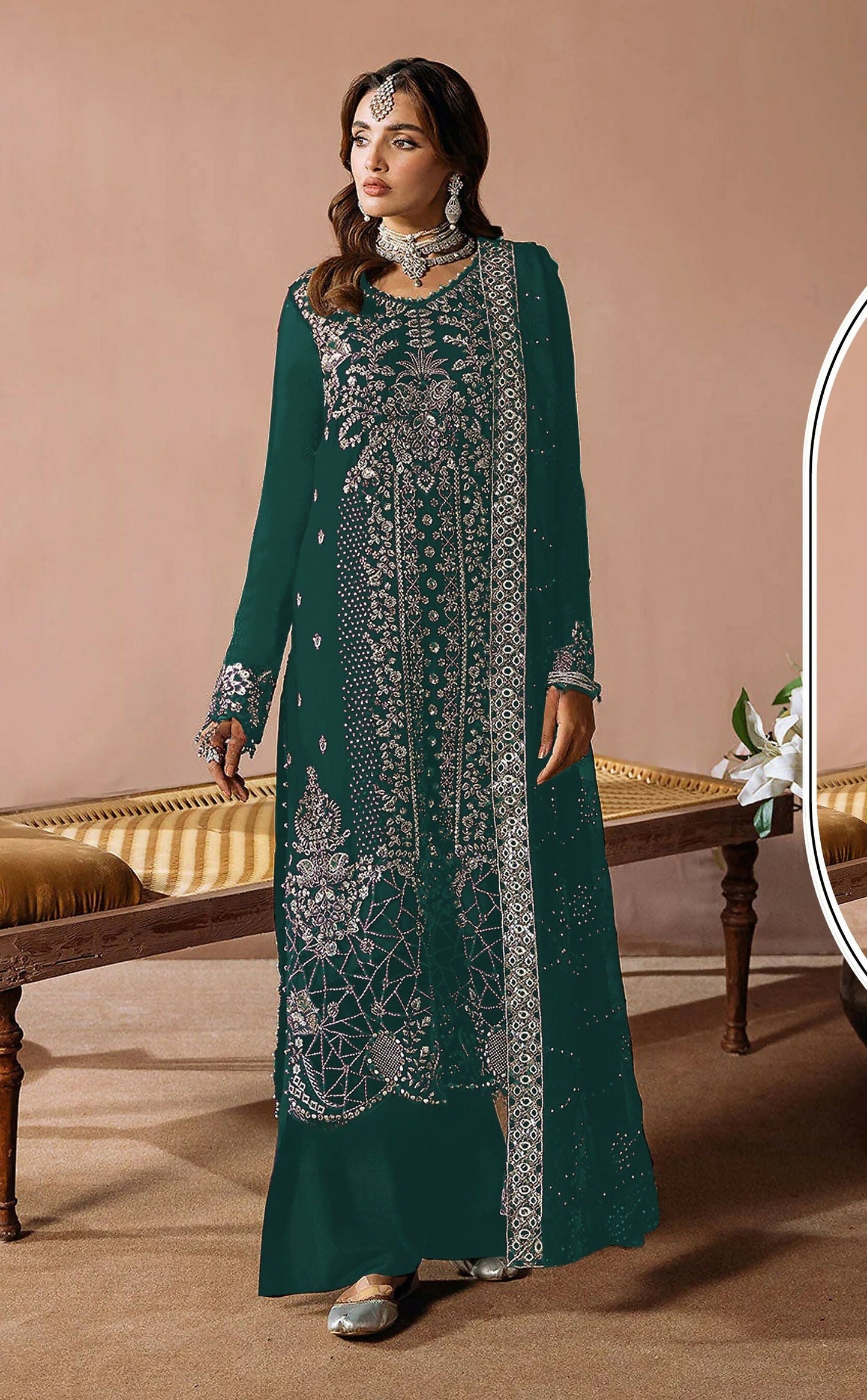 Anaita Teal Velvet Suit with Embroidery Sequence Work