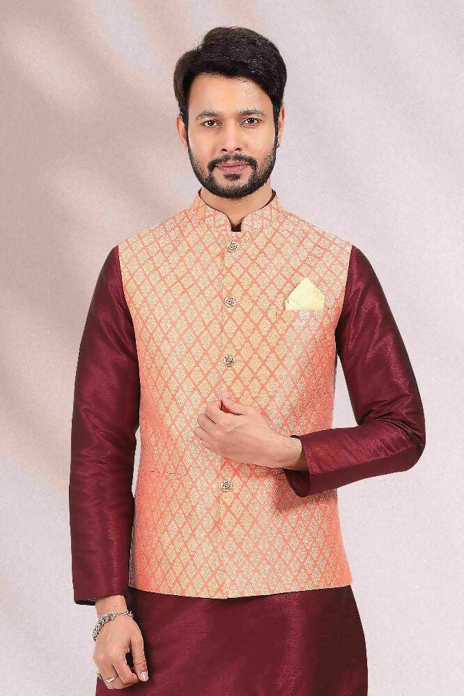 Raivat Ethnic Jacquard Banarasi Silk Woven Work 3 Pics Jacket Set In Peach Colour