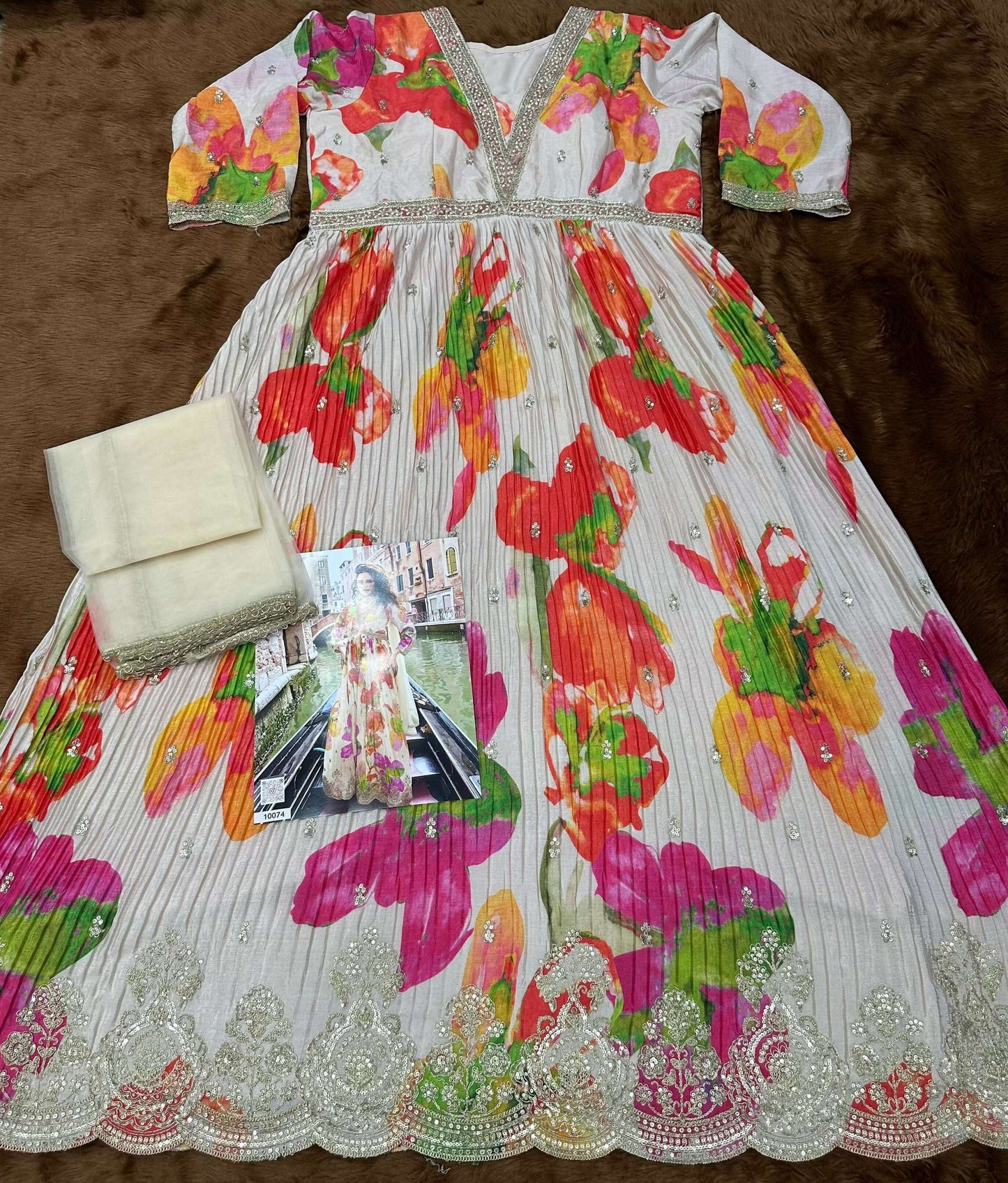 Anaita White Chinon Silk Readymade Anarkali Suit with Embroidery Work