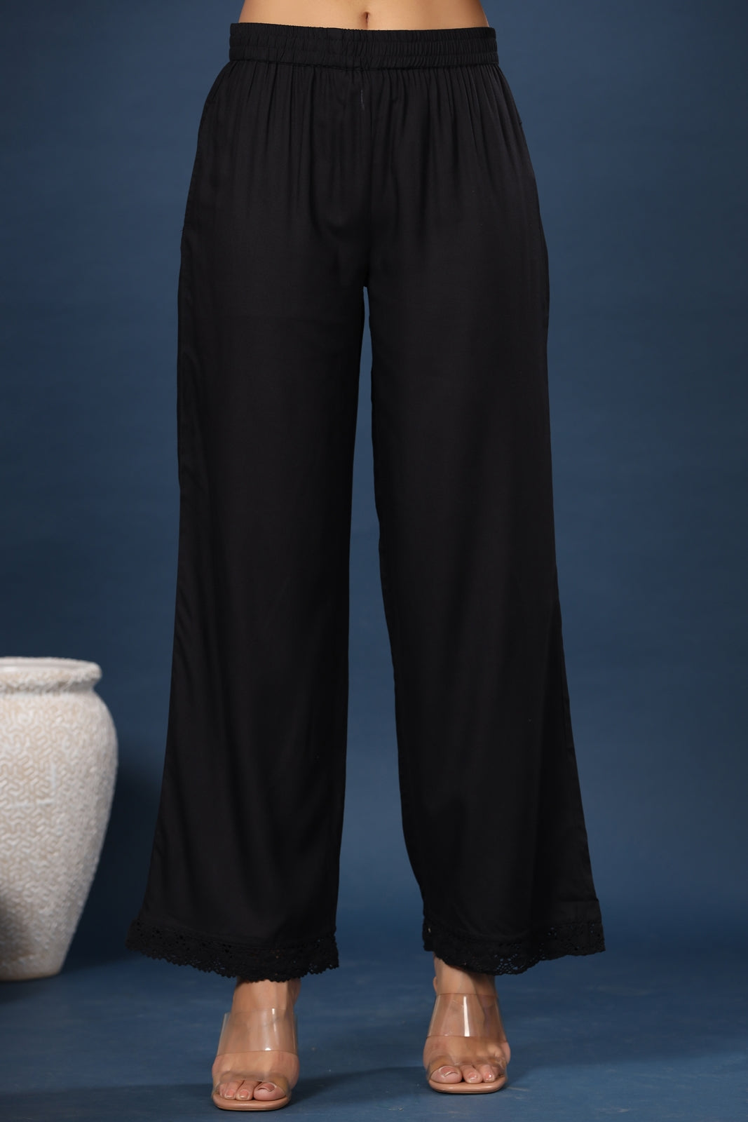 Juniper Women Black Rayon Solid Wide Leg Palazzo