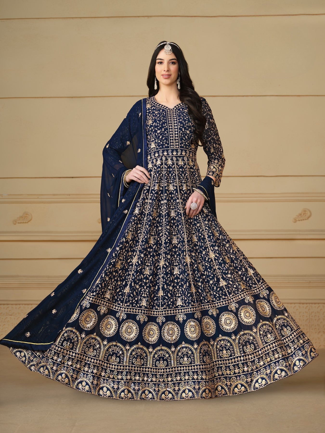 Anaita Navy Blue Embroidered Faux Georgette Anarkali Suit