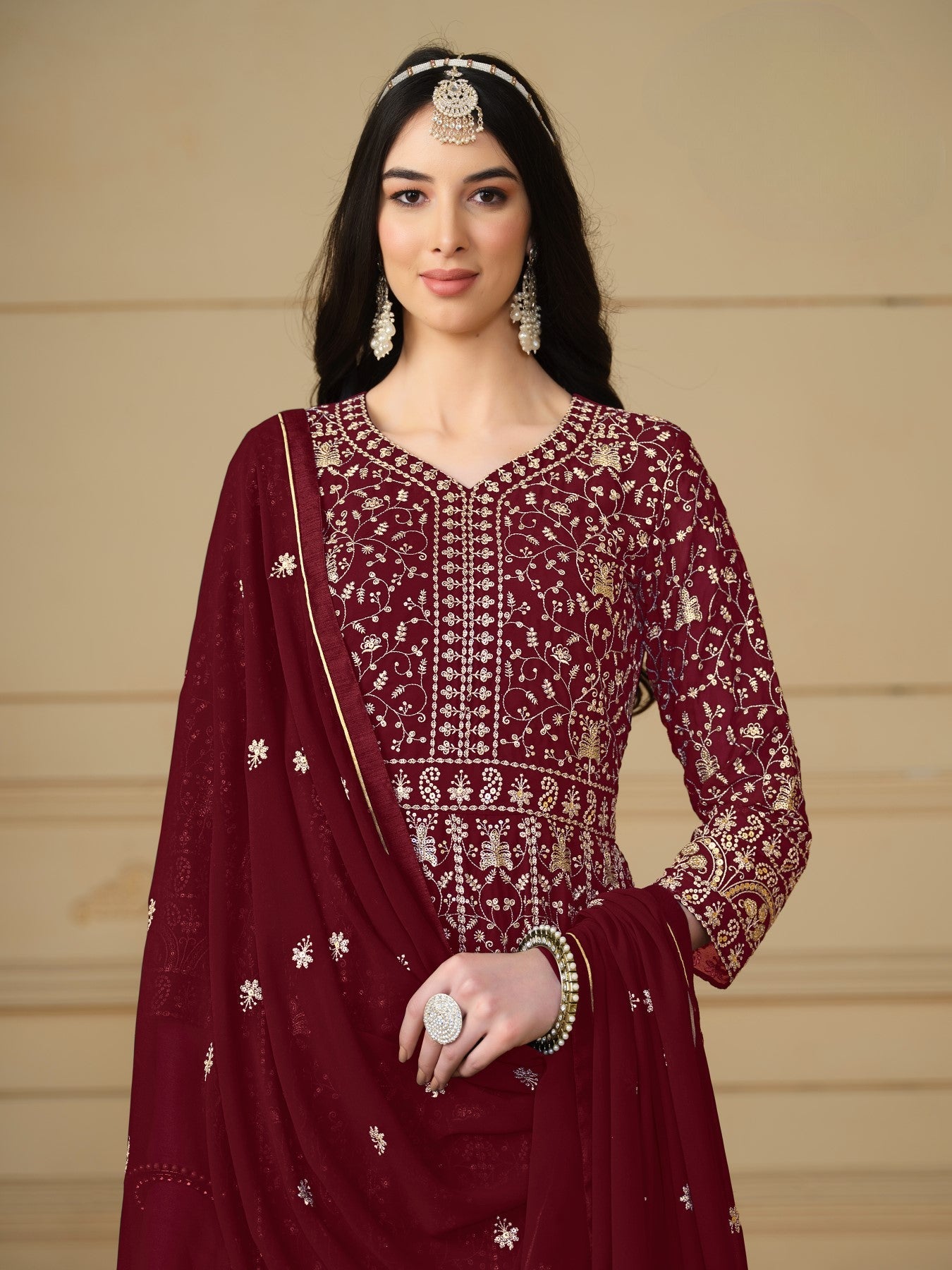 Anaita Maroon Embroidered Faux Georgette Anarkali Suit