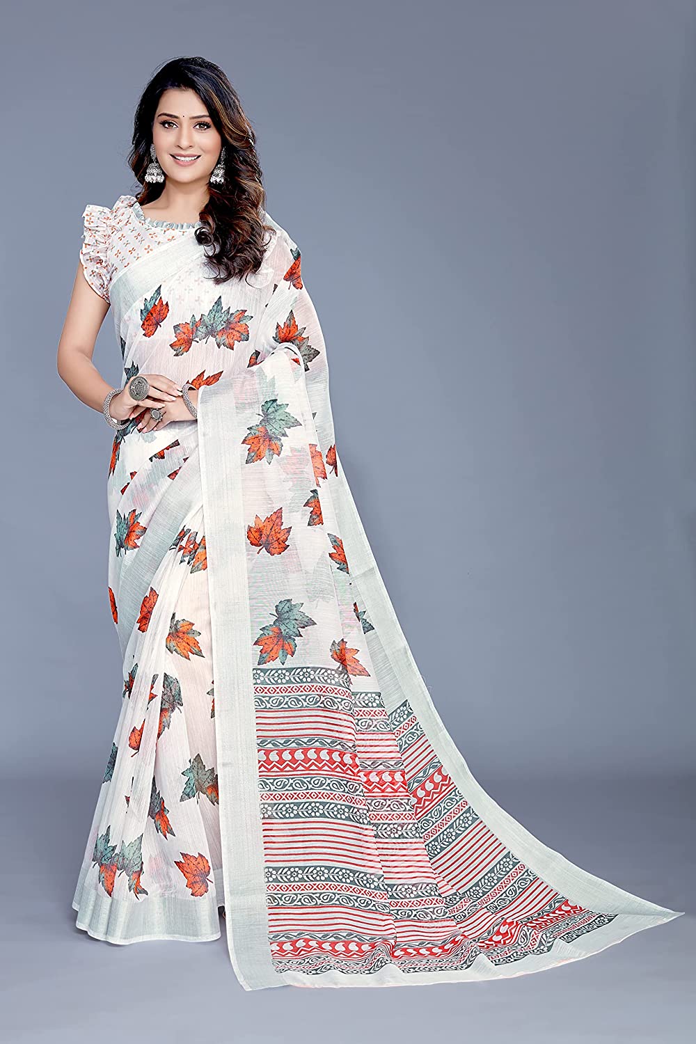 Mirchi Fashion Women's White Cotton Blend Blossom Leafs Printed Saree
