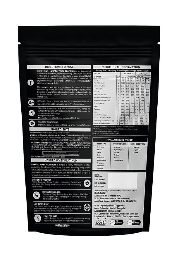 Nakpro Platinum Whey Protein Isolate Chocolate Flavour 28g Protein - 1000 gms