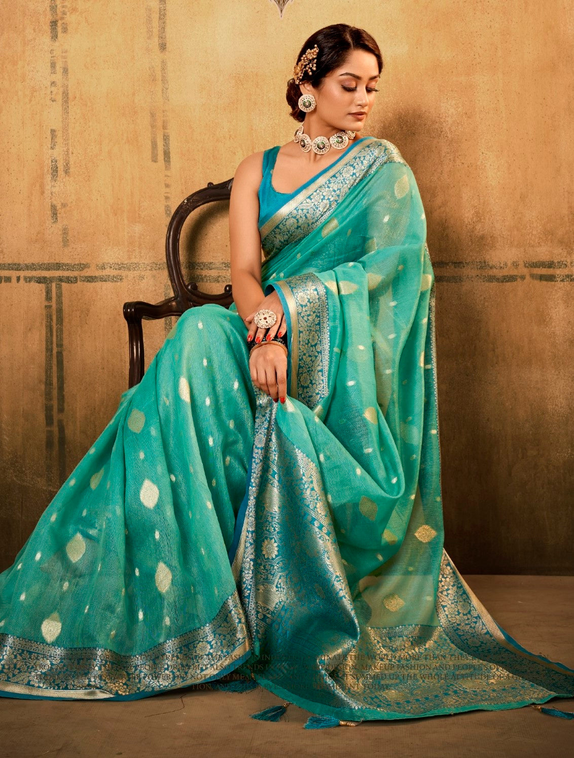 Anaita Turquoise Soft Tussar Silk With Kalamkari Weaving Saree With Blouse
