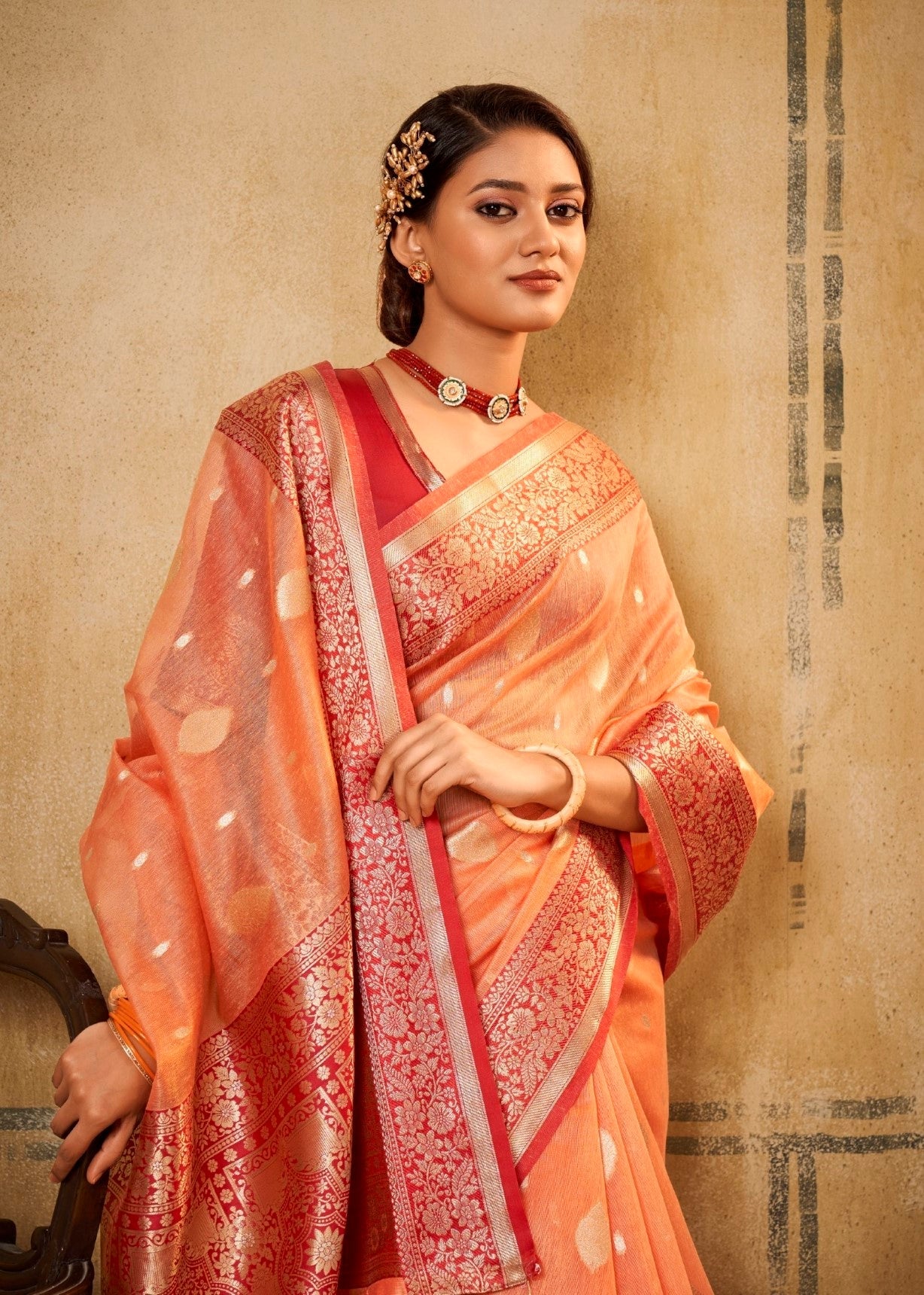 Anaita Orange Soft Tussar Silk With Kalamkari Weaving Saree With Blouse