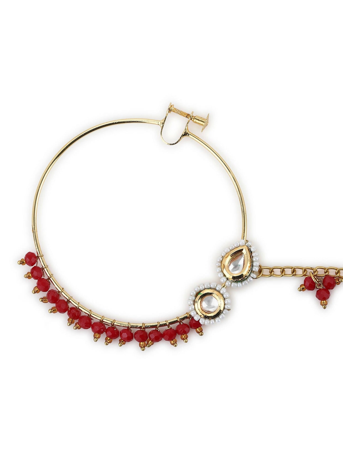 Gold-Polished White Red Kundan-Studded Pearl Beaded Nosepin - Ruby Raang