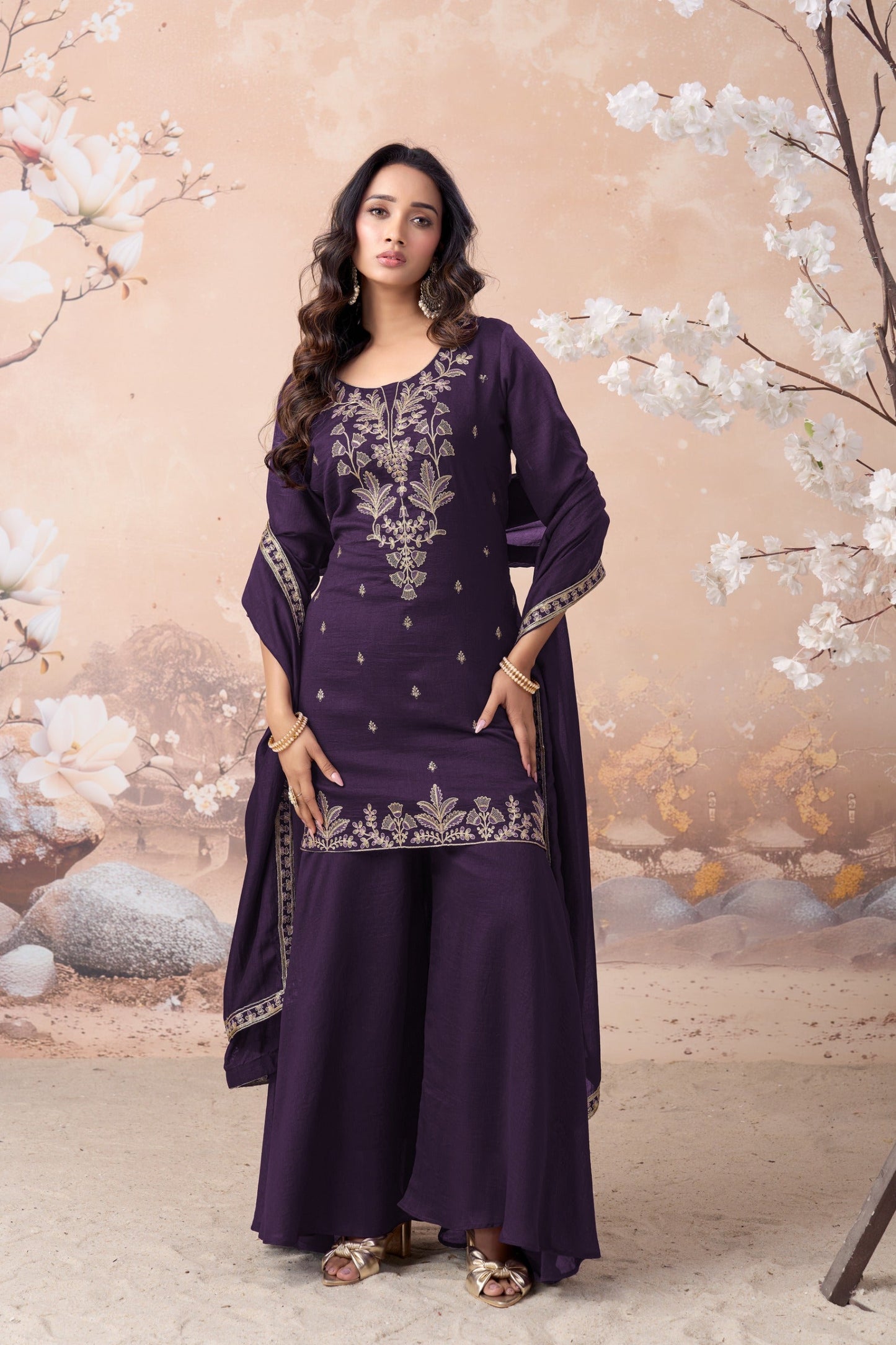 Anaita Purple Vichitra Silk Readymade Suit with Coding Work