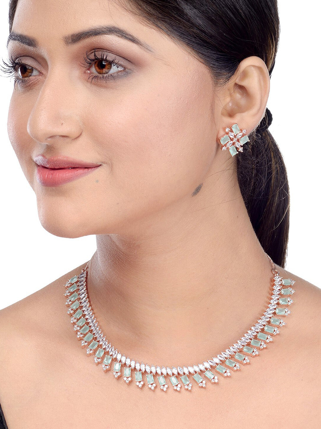 Saraf RS Jewellery Sea Green & Rose Gold-Polished American Diamond Studded Jewellery Set