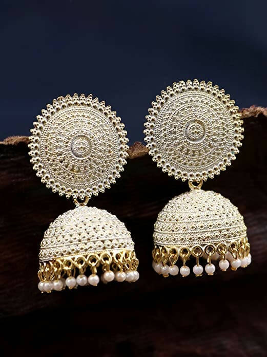 Mominos Fashion Joharkamal Gold-Polished Meenakari Jhumkas For Women & Girls (White)
