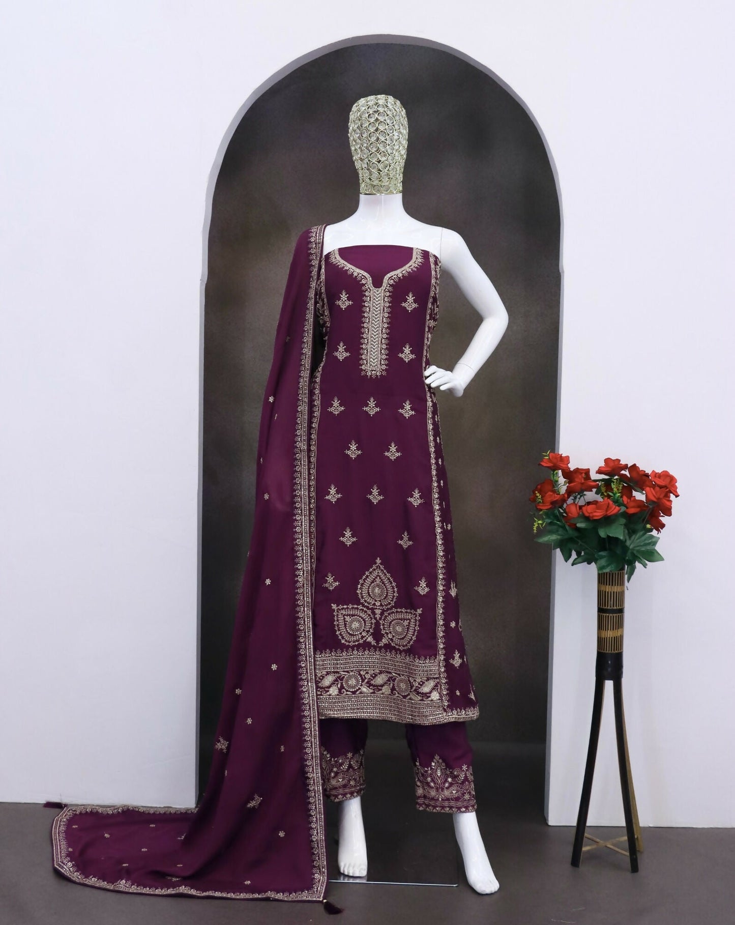 Anaita Dark Purple Chinon Silk Stitched Suit with Embroidery & Sequence Work