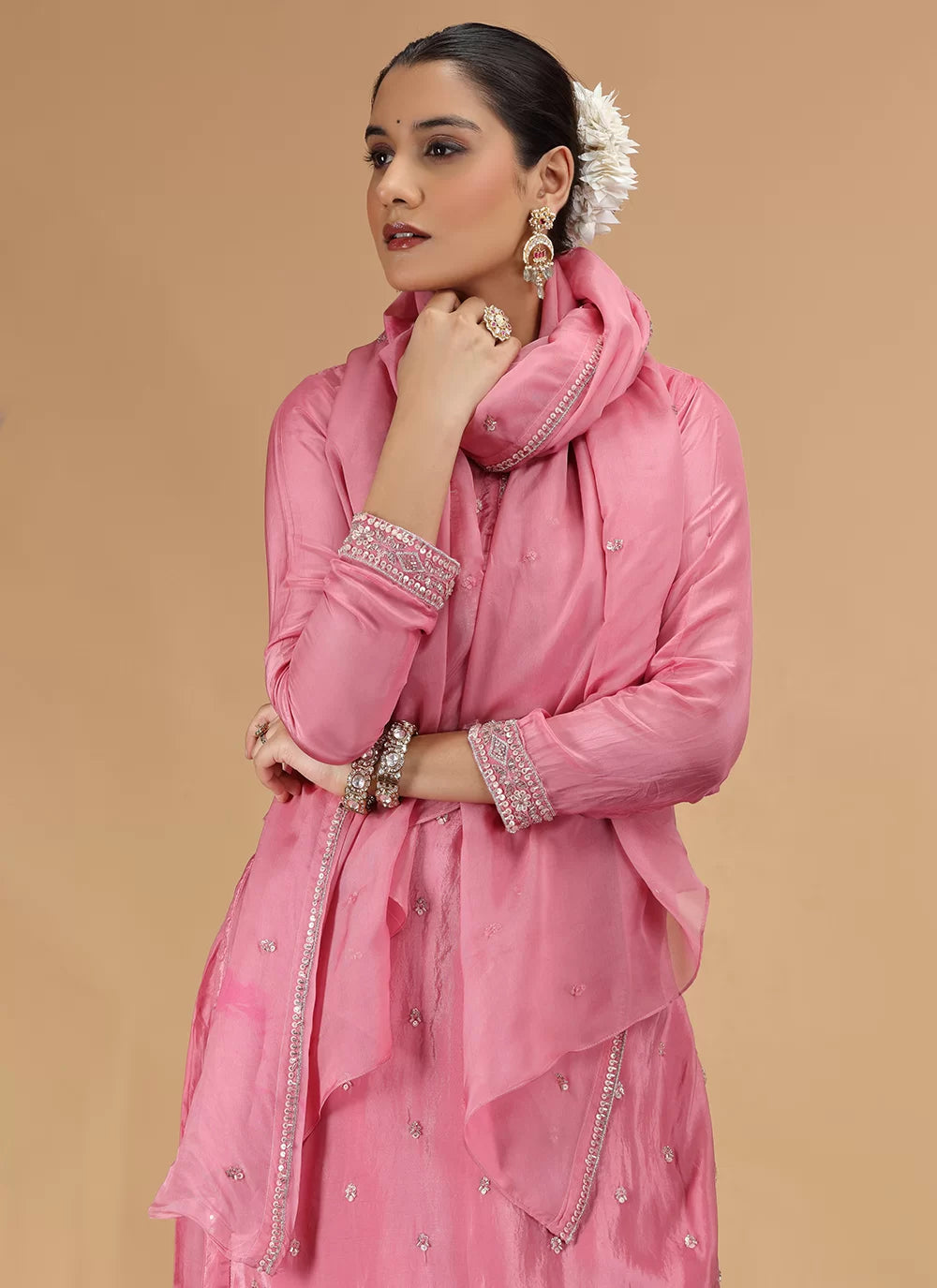 Chhap Pink Colour Satin Silk Hand Work Salwar Suit