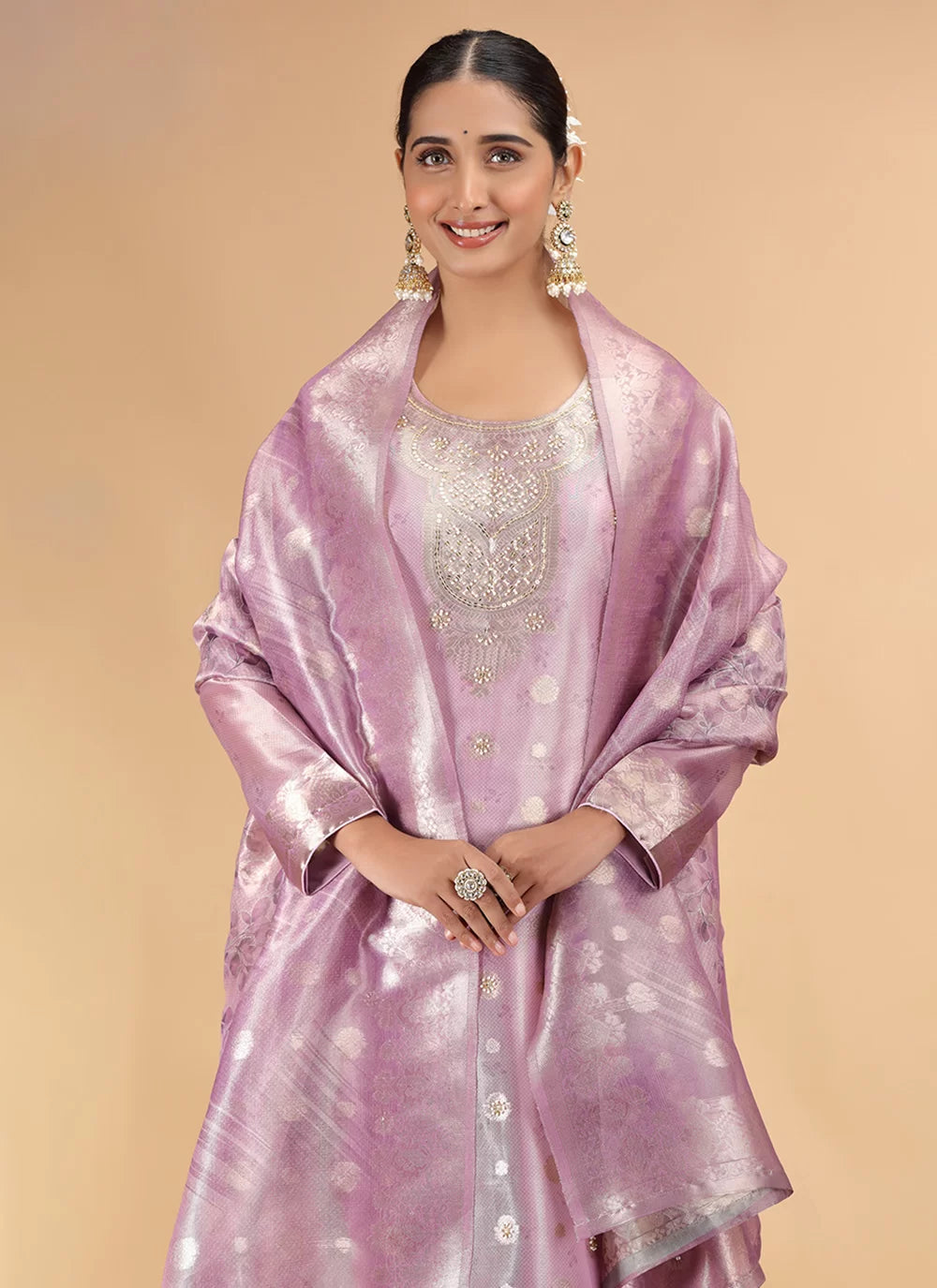 Chhap Organza Jacquard Woven and Hand Work Salwar Suit In Purple Pink Colour