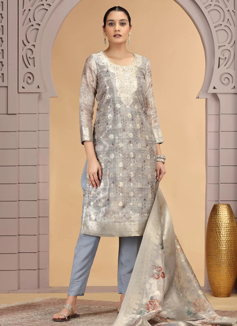 Chhap Organza Jacquard Woven and Hand Work Salwar Suit In Grey Brown Colour