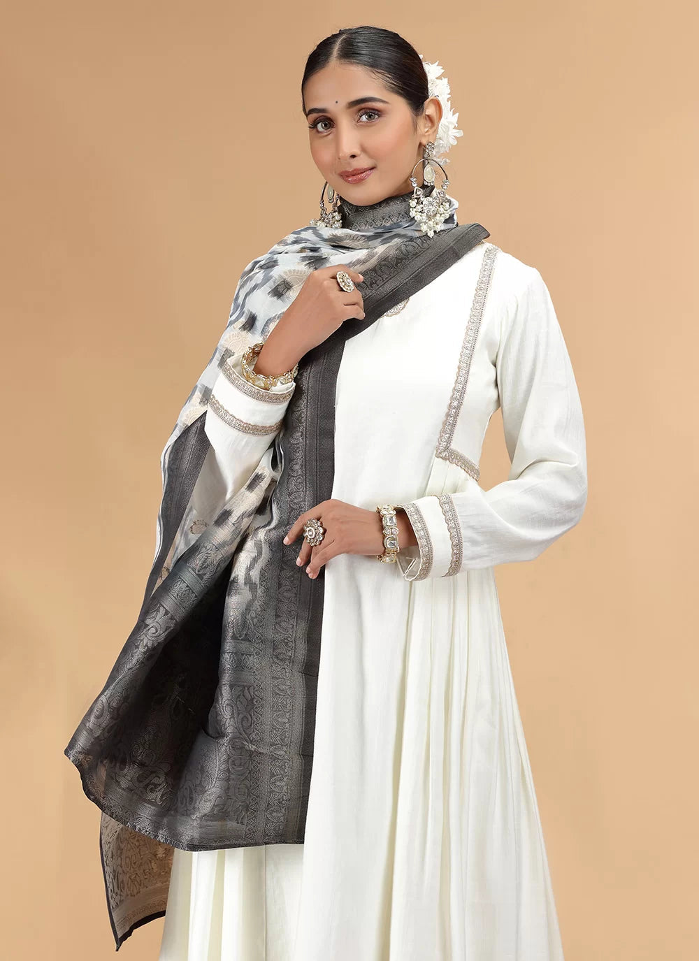 Chhap Chiffon Printed and Hand Work Salwar Suit In Off White Colour
