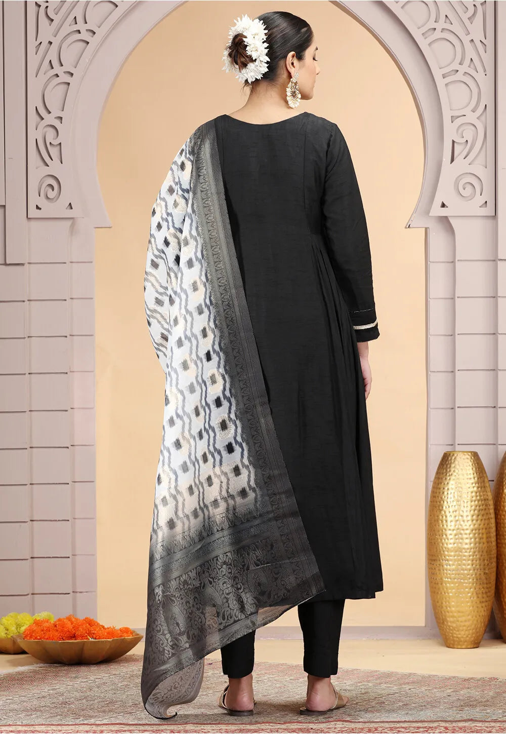 Chhap Chiffon Printed and Hand Work Salwar Suit In Black Colour
