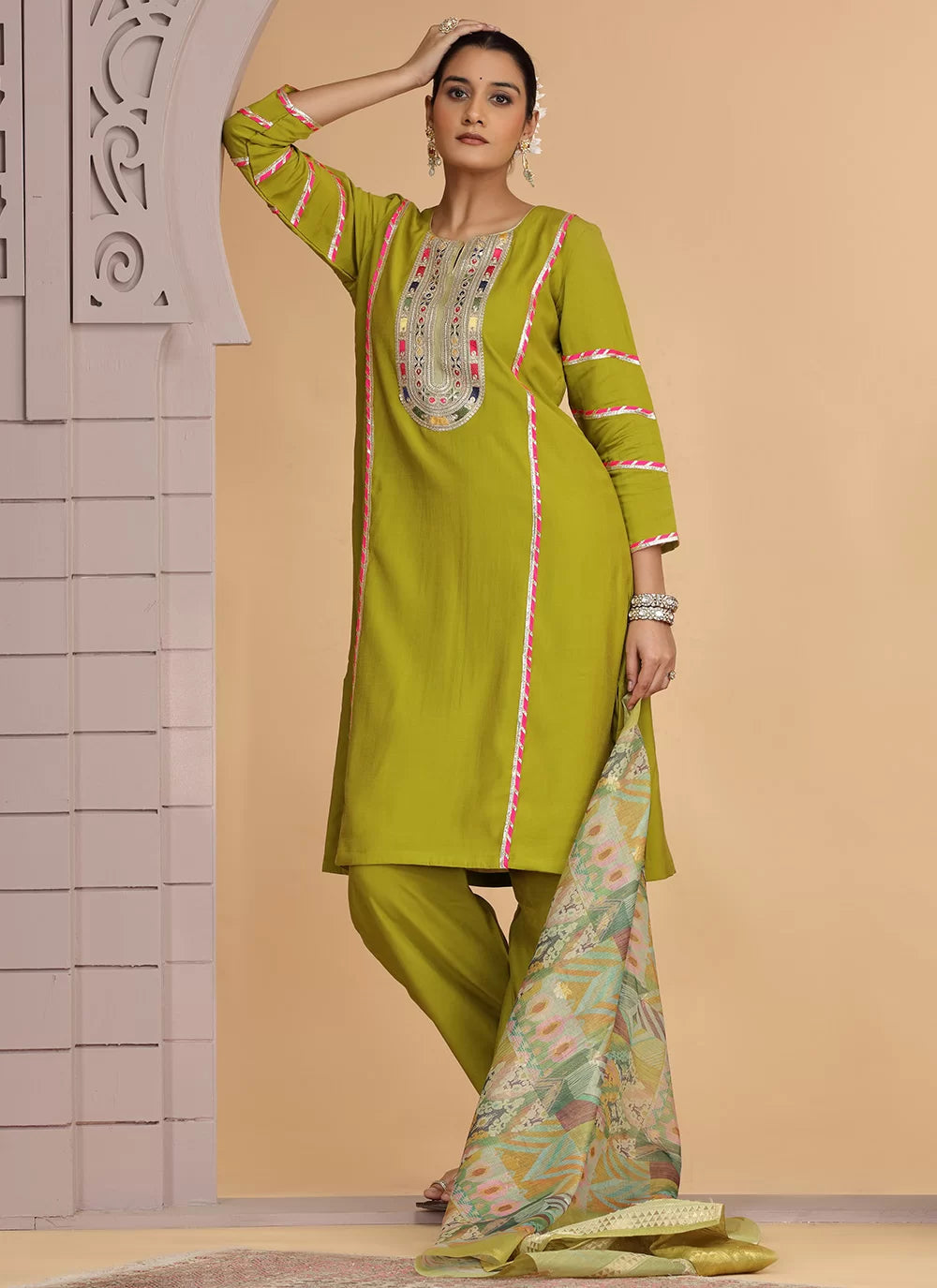 Chhap Mehendi Yellow Colour Chiffon Embroidery Salwar Suit