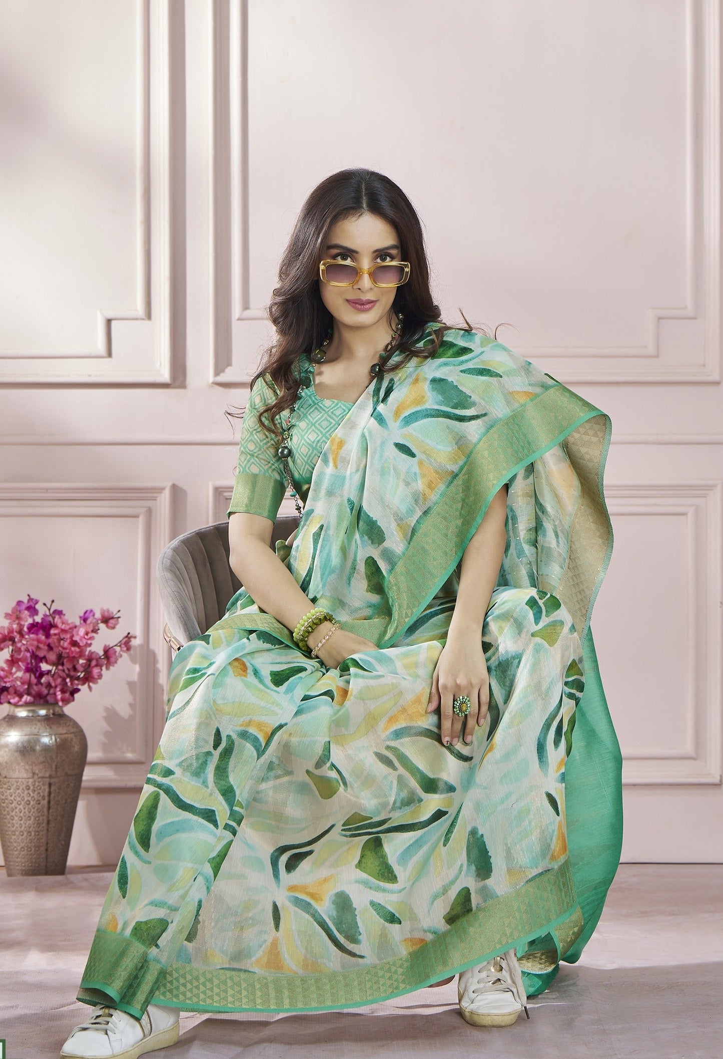 Anaita Light Green Printed Pure Modal Silk Saree With Blouse