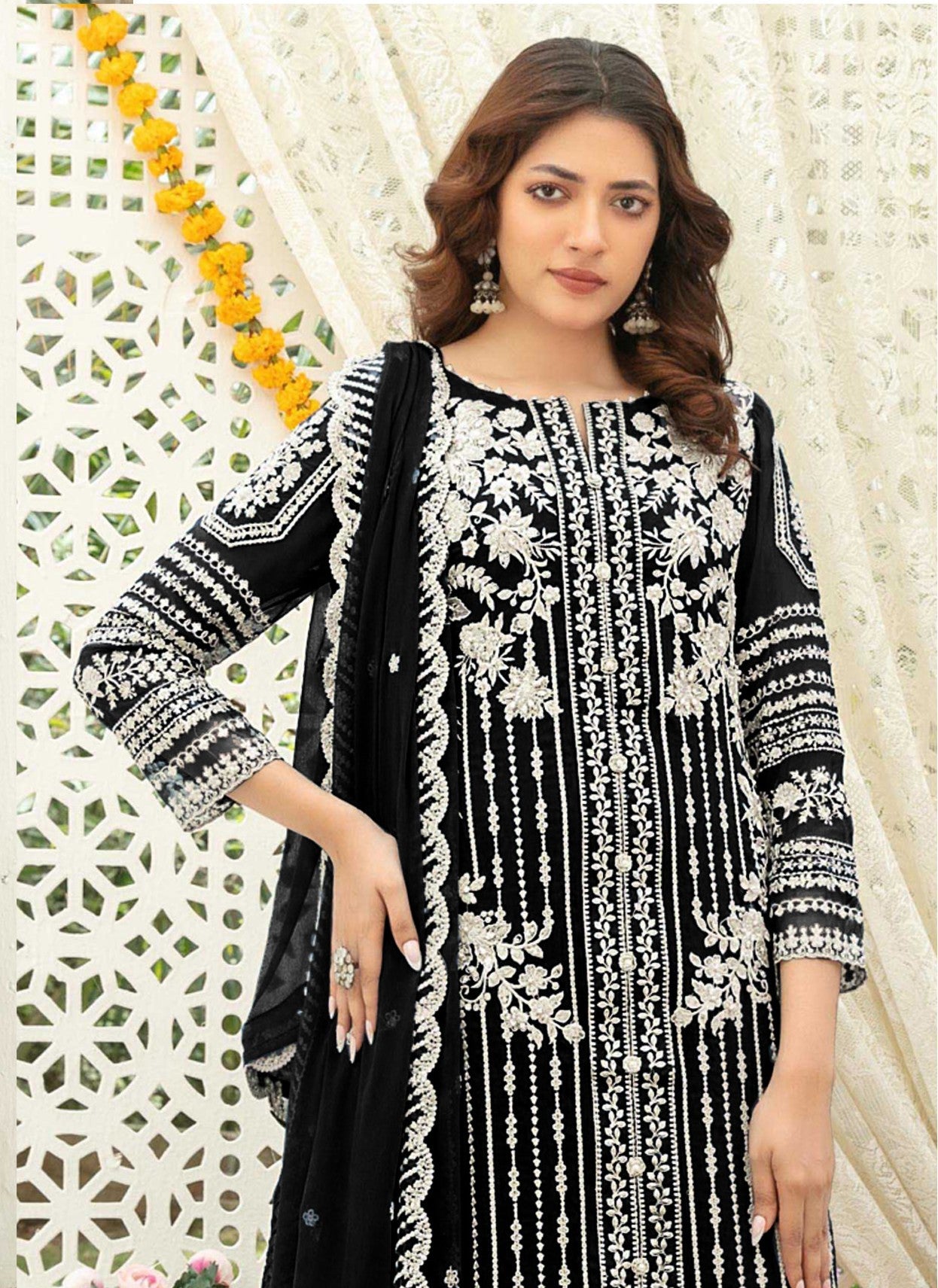 Anaita Black Chiffon Semi Stitched Suit with Thread Embroidery & Sequence Work