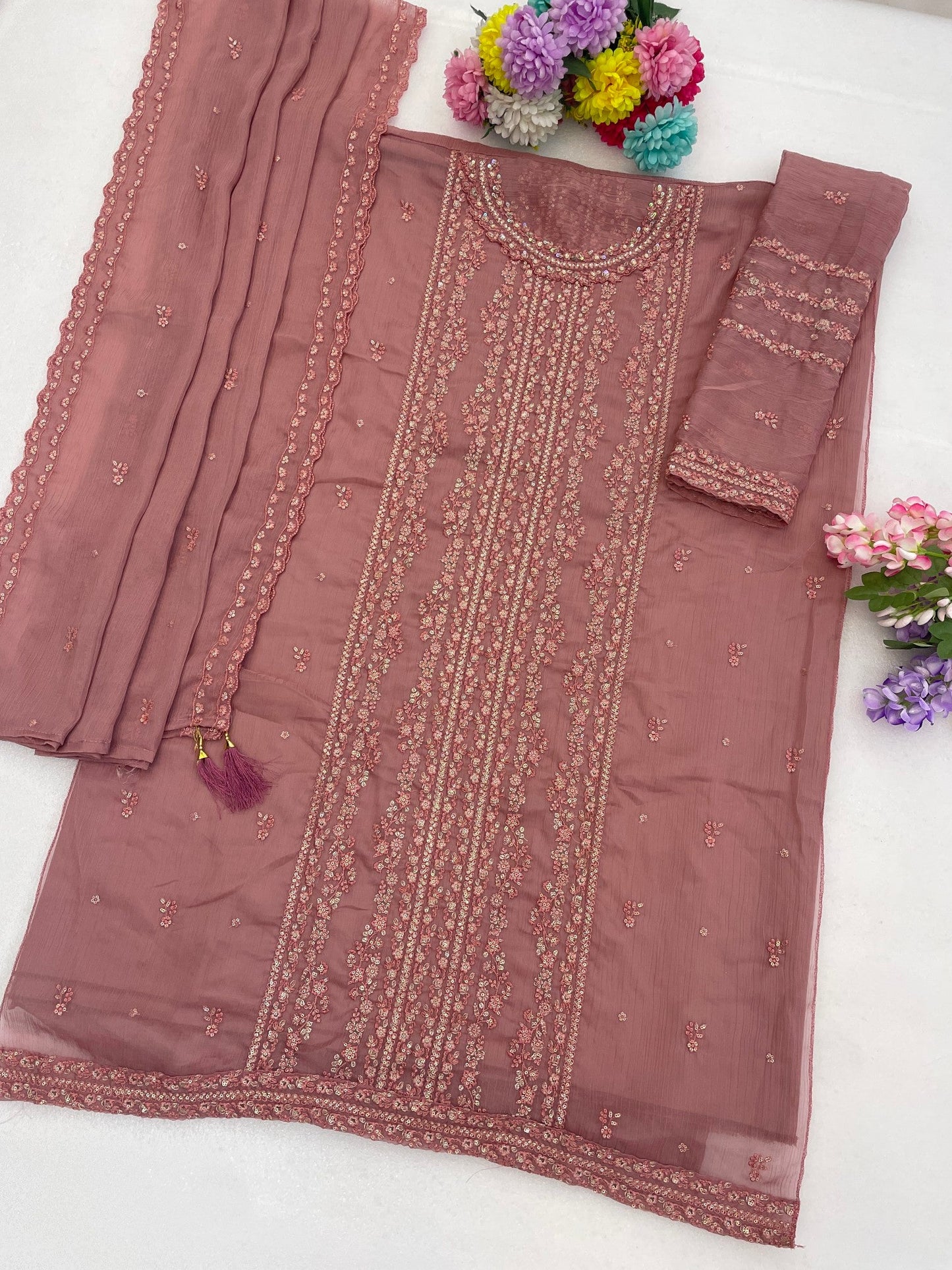 Anaita Peach Chiffon Semi Stitched Suit with Thread Embroidery & Sequence Work
