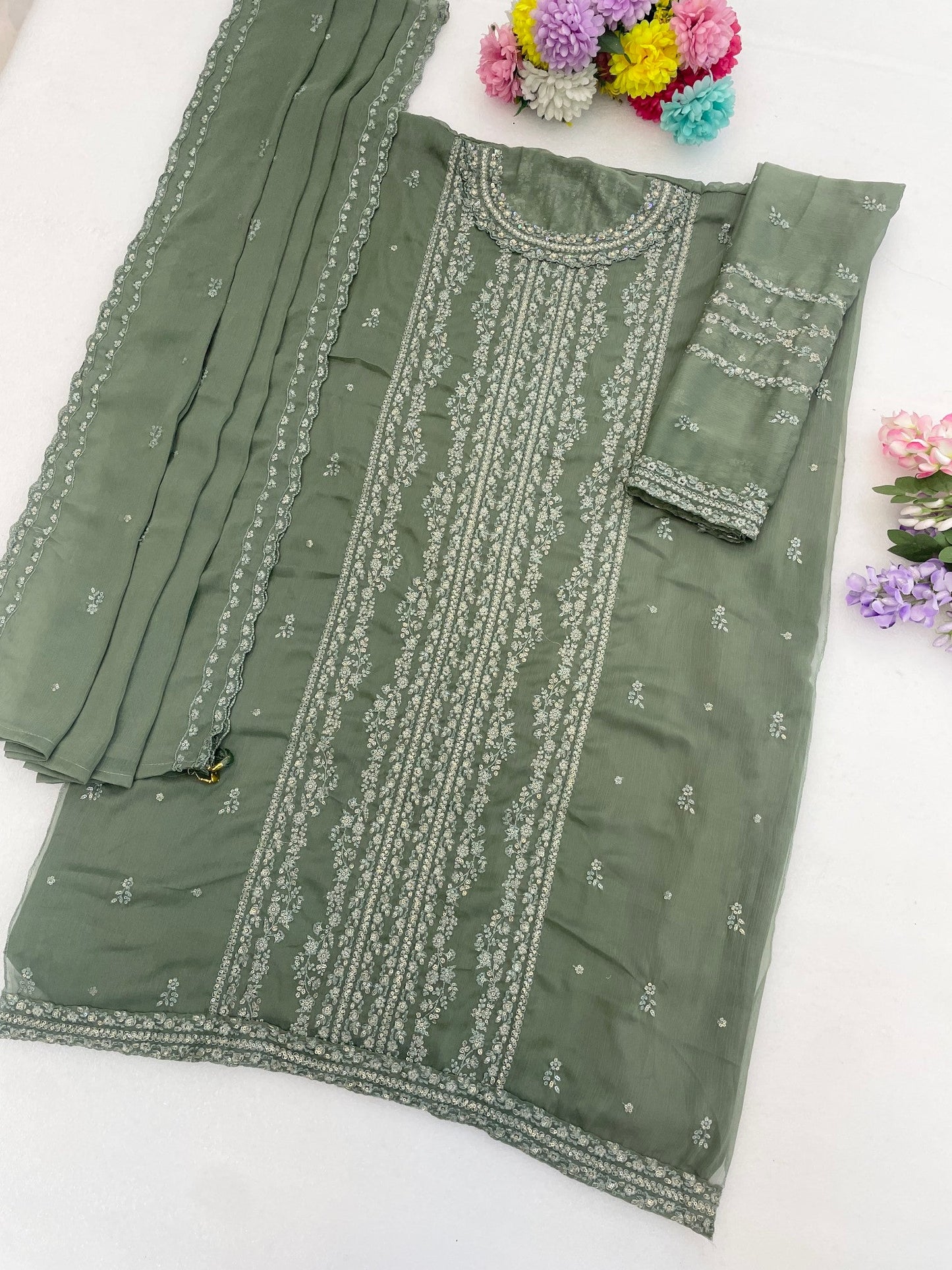 Anaita Green Chiffon Semi Stitched Suit with Thread Embroidery & Sequence Work