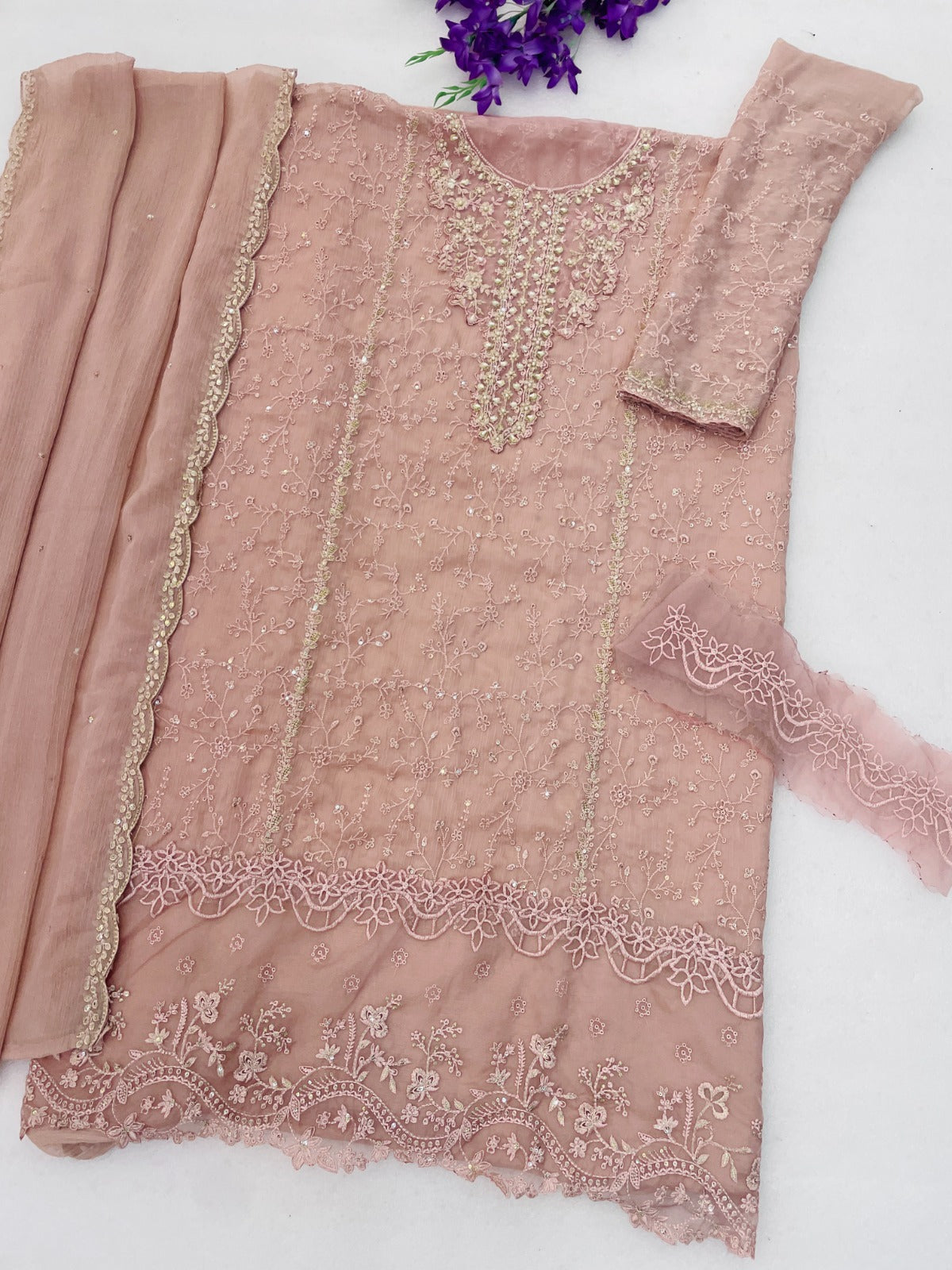 Anaita Pink Chiffon Semi Stitched Suit with Thread Embroidery & Sequence Work