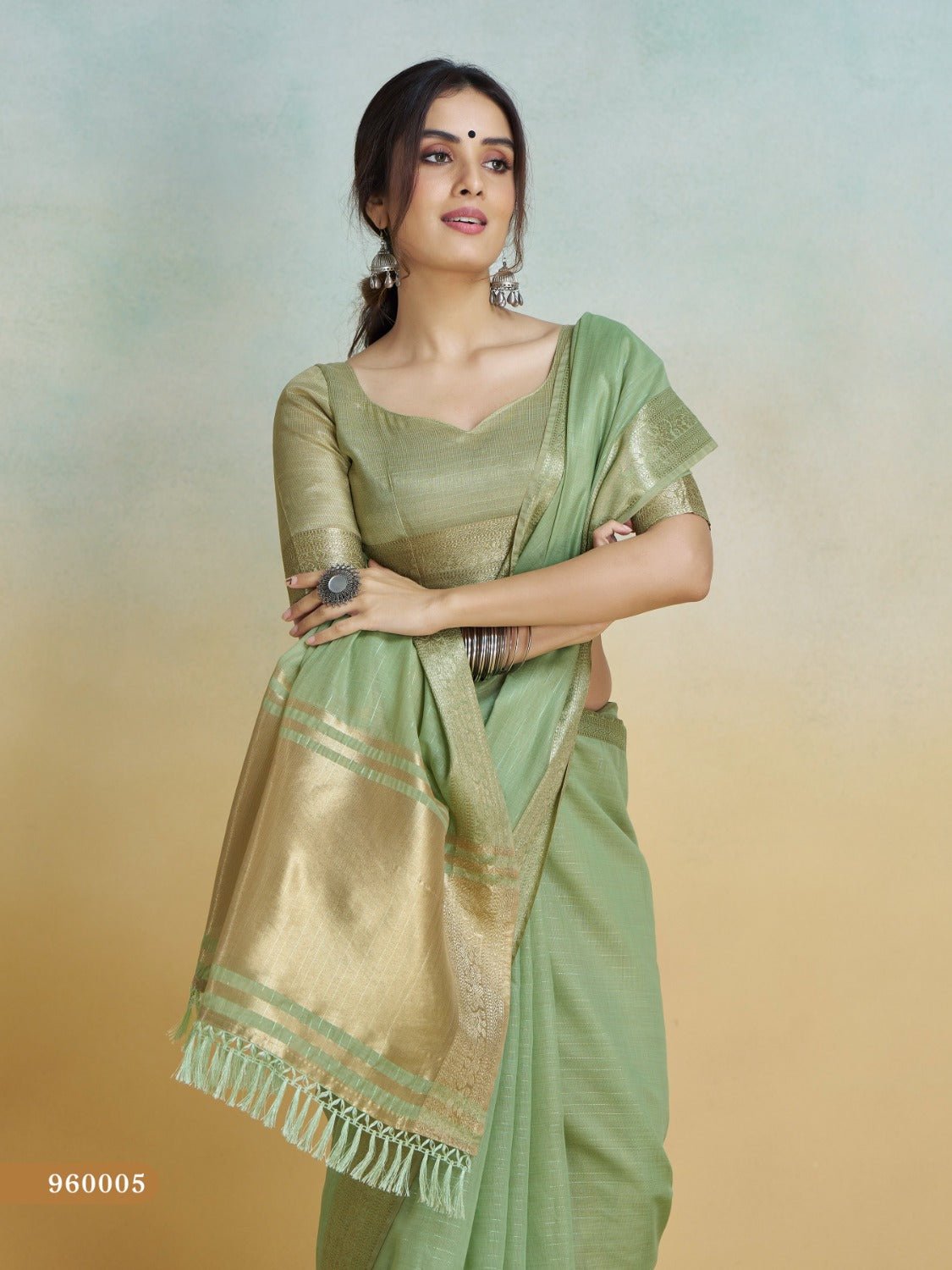 Anaita Olive Handloom Khadi Silk Zari Woven Work Saree With Blouse Piece