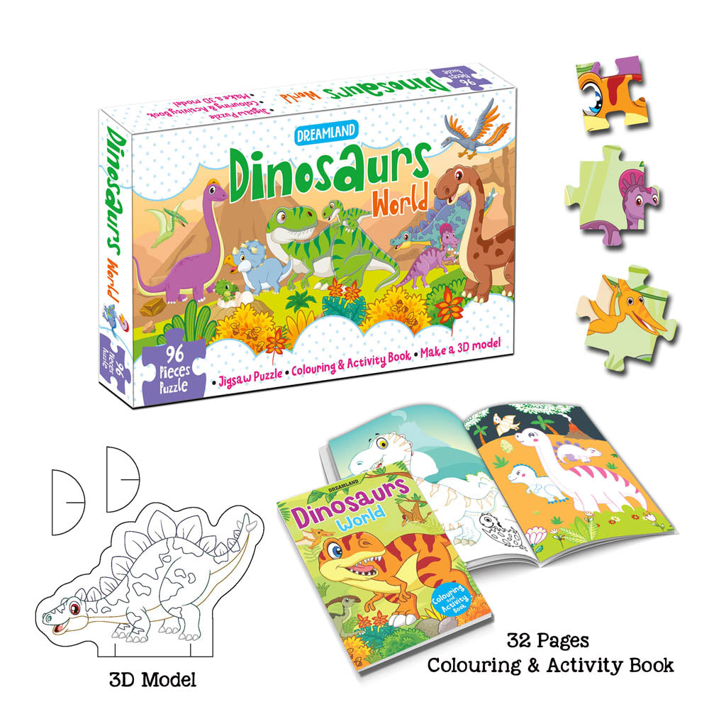 Dreamland Publications Dinosaurs World Jigsaw Puzzle for Kids – 96 Pcs | With Colouring & Activity Book and 3D Model