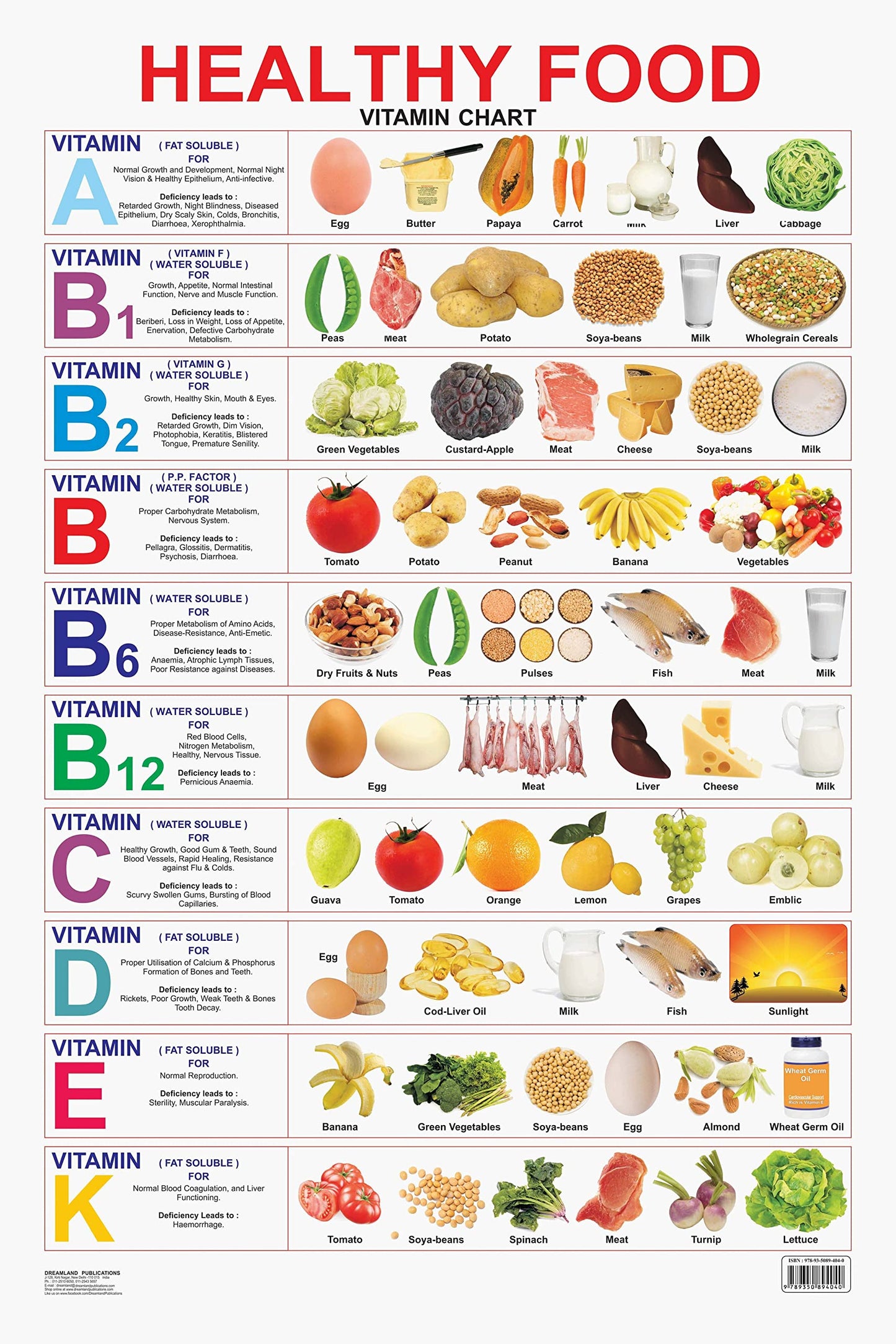 Dreamland Publications Educational Chart for Kids - Healthy Food (Vitamin Chart)